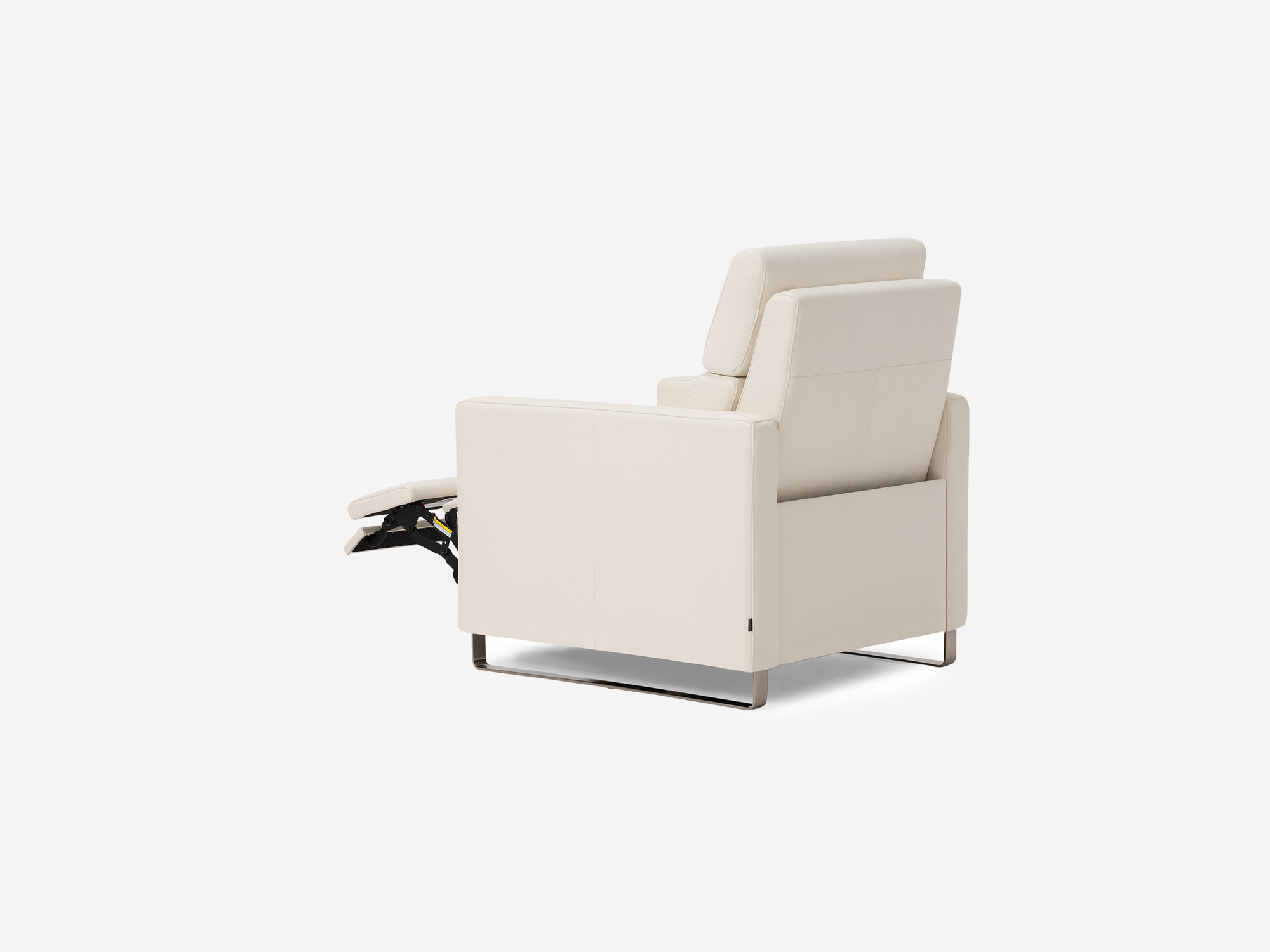 Back angle view of the Lawrence recliner chair in white leather partially reclined