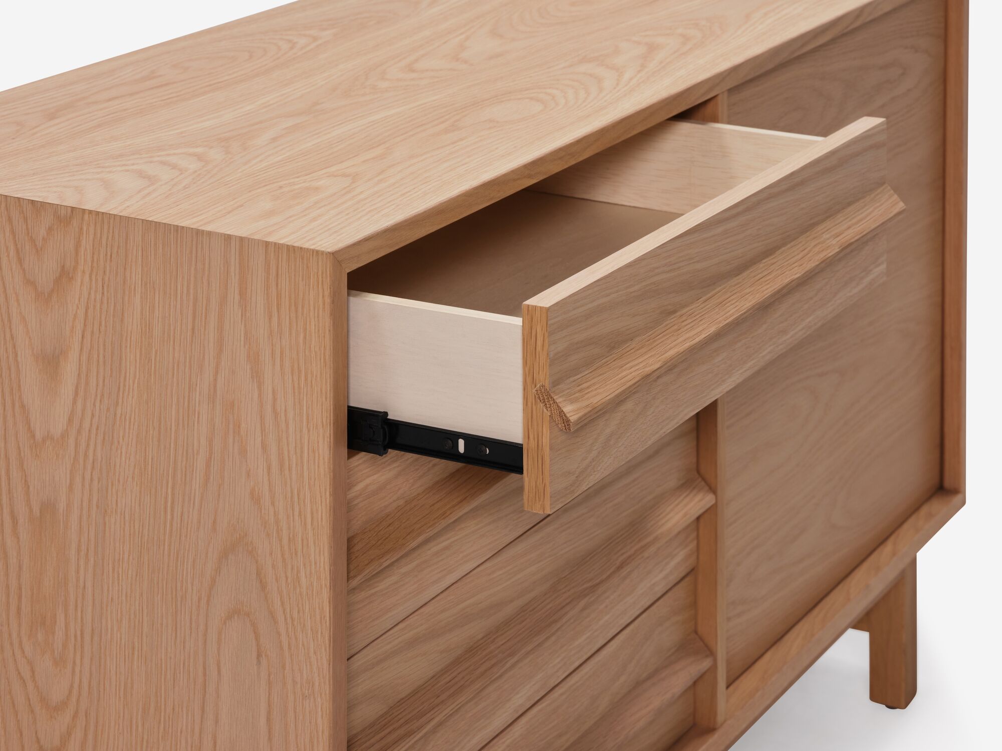 Small oak mid century floating sideboard drawer detail view