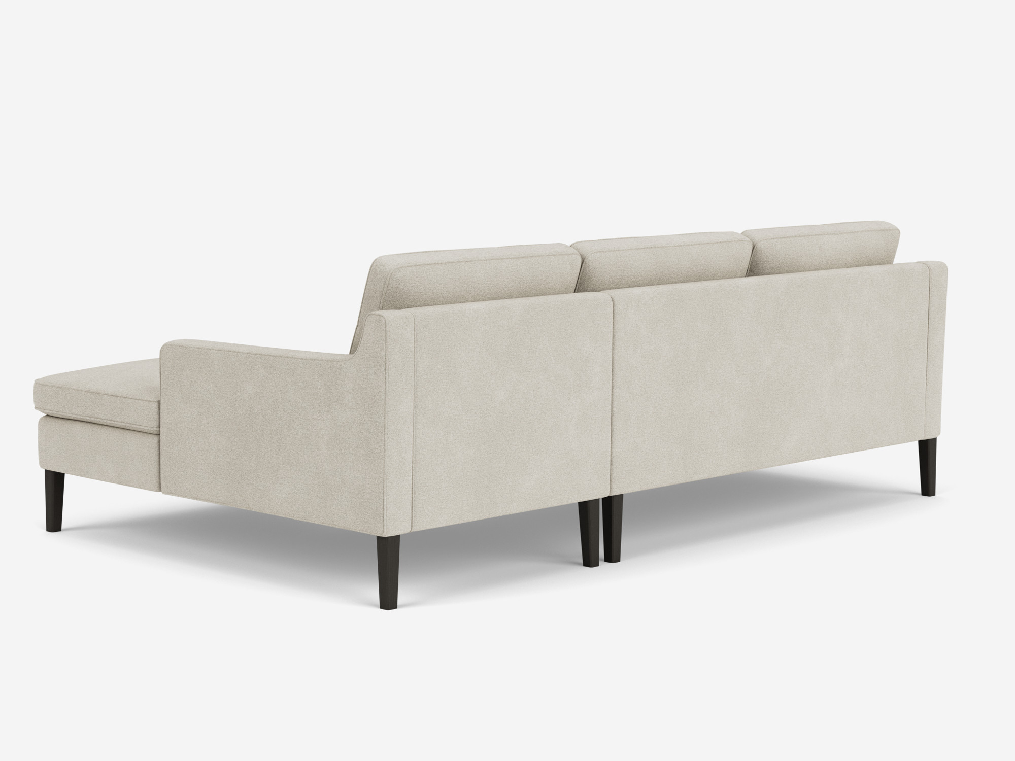 Back angled view of the Skye modern sectional sofa in grey fabric with right hand chaise