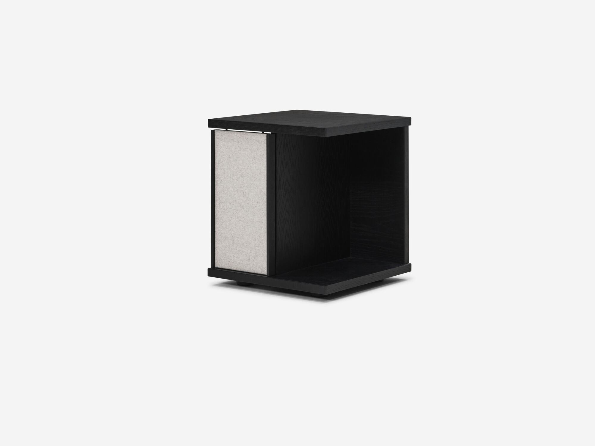 Corner left view of the Plank accent table canada in black oak with fabric panels