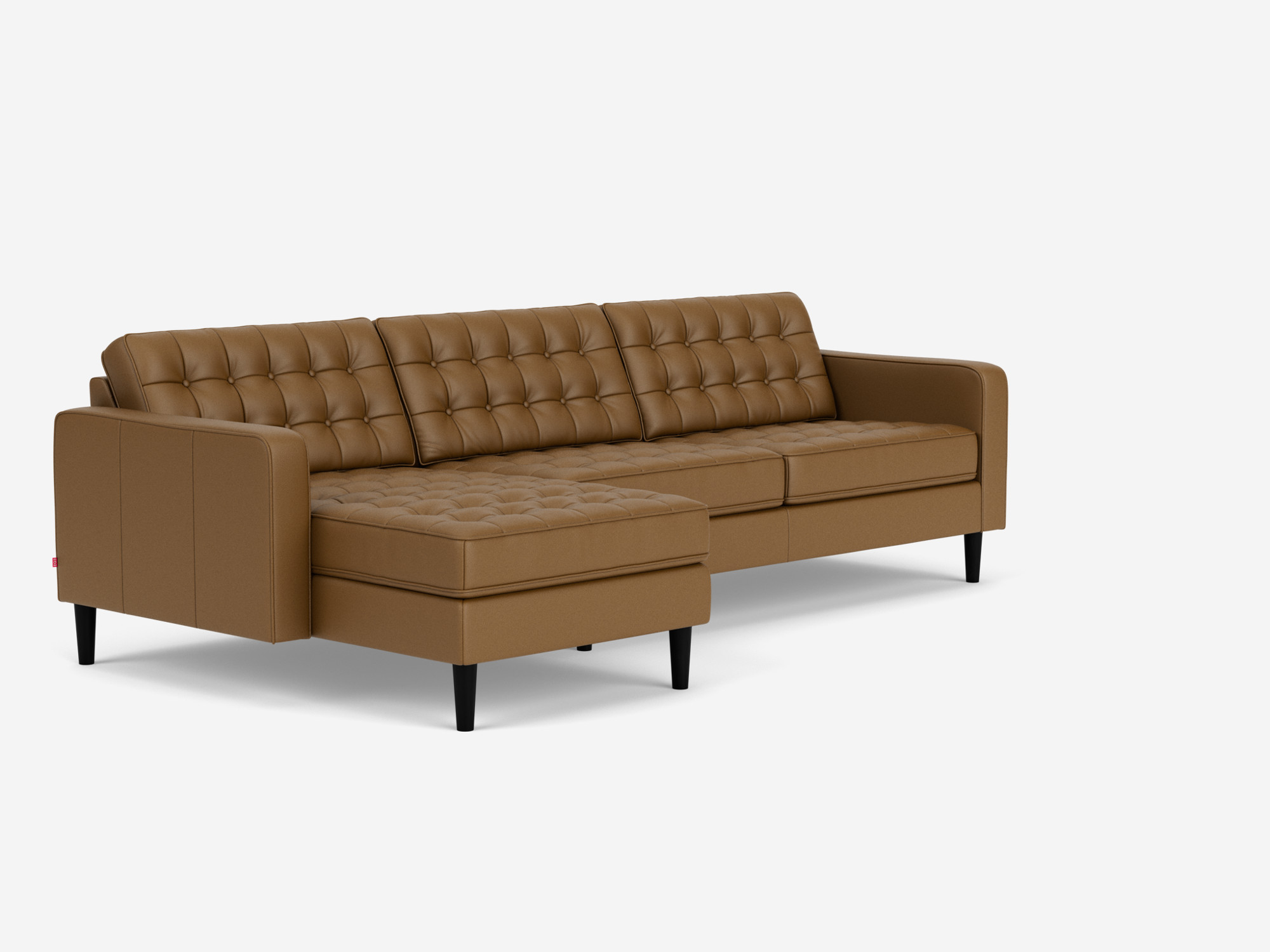 Front angled view of the  Reverie modern sectional sleeper couch in brown leather with left hand facing chaise