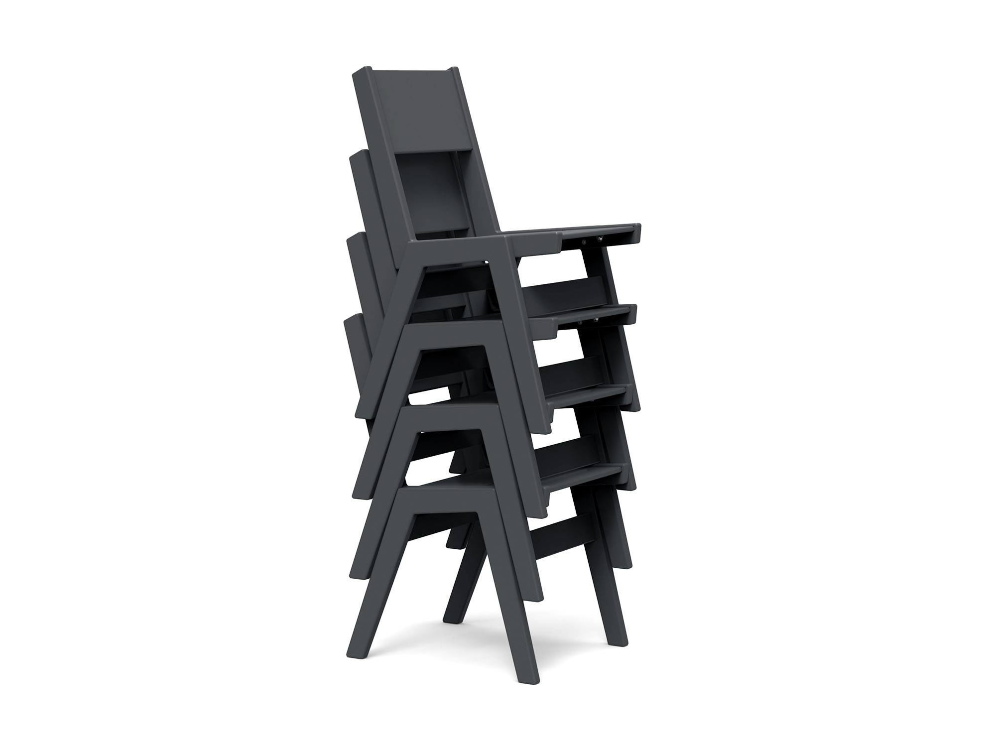 Front angle view of four grey outdoor dining chairs stacked