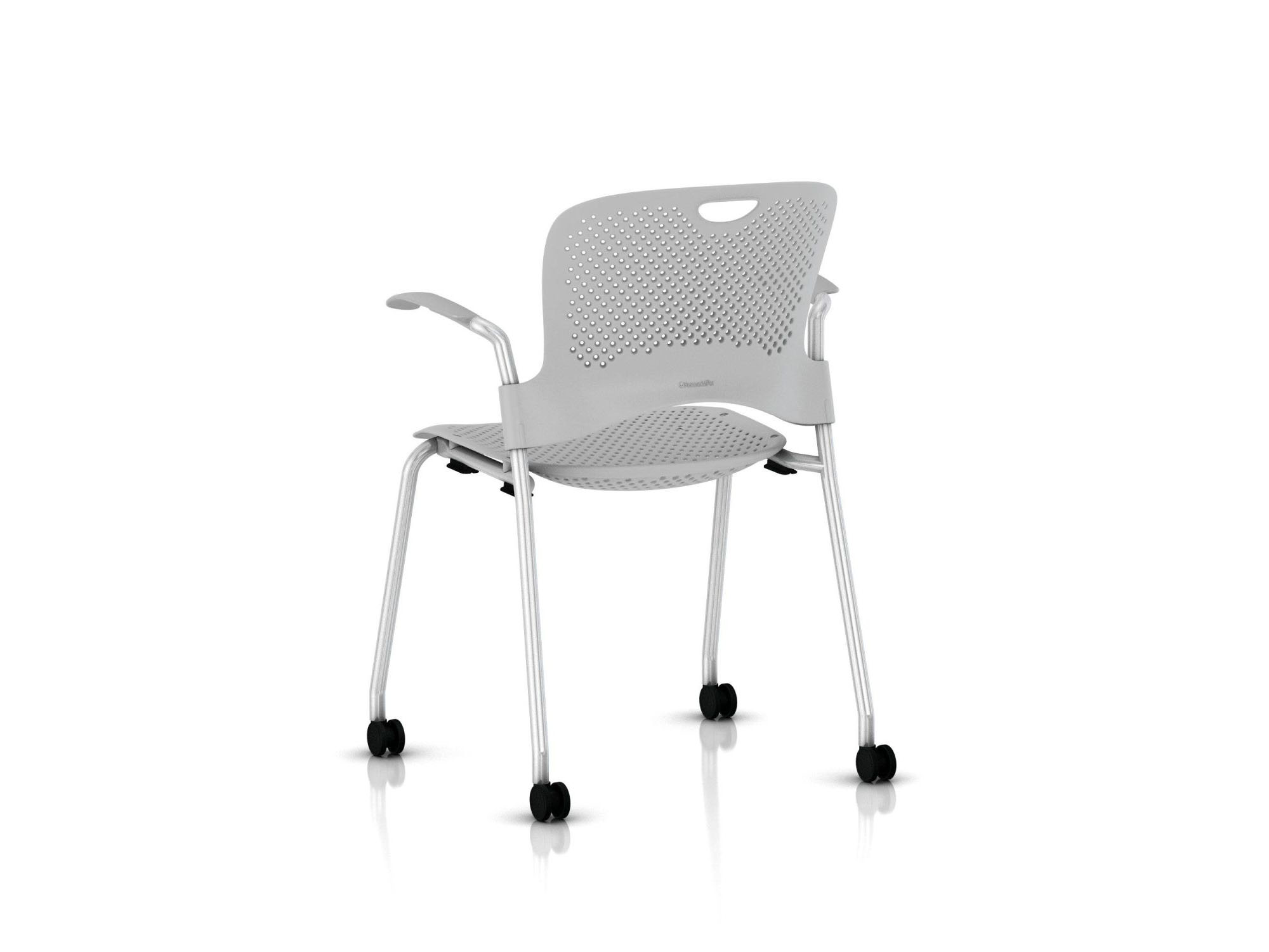 White stackable hard floor or carpet caster armchair back angle view