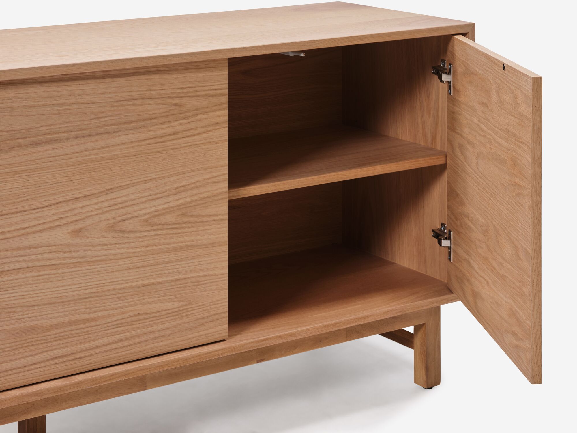 Shelf detail view of large oak mid century floating sideboard