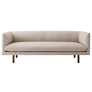 Front view of beige modern sofa with walnut legs