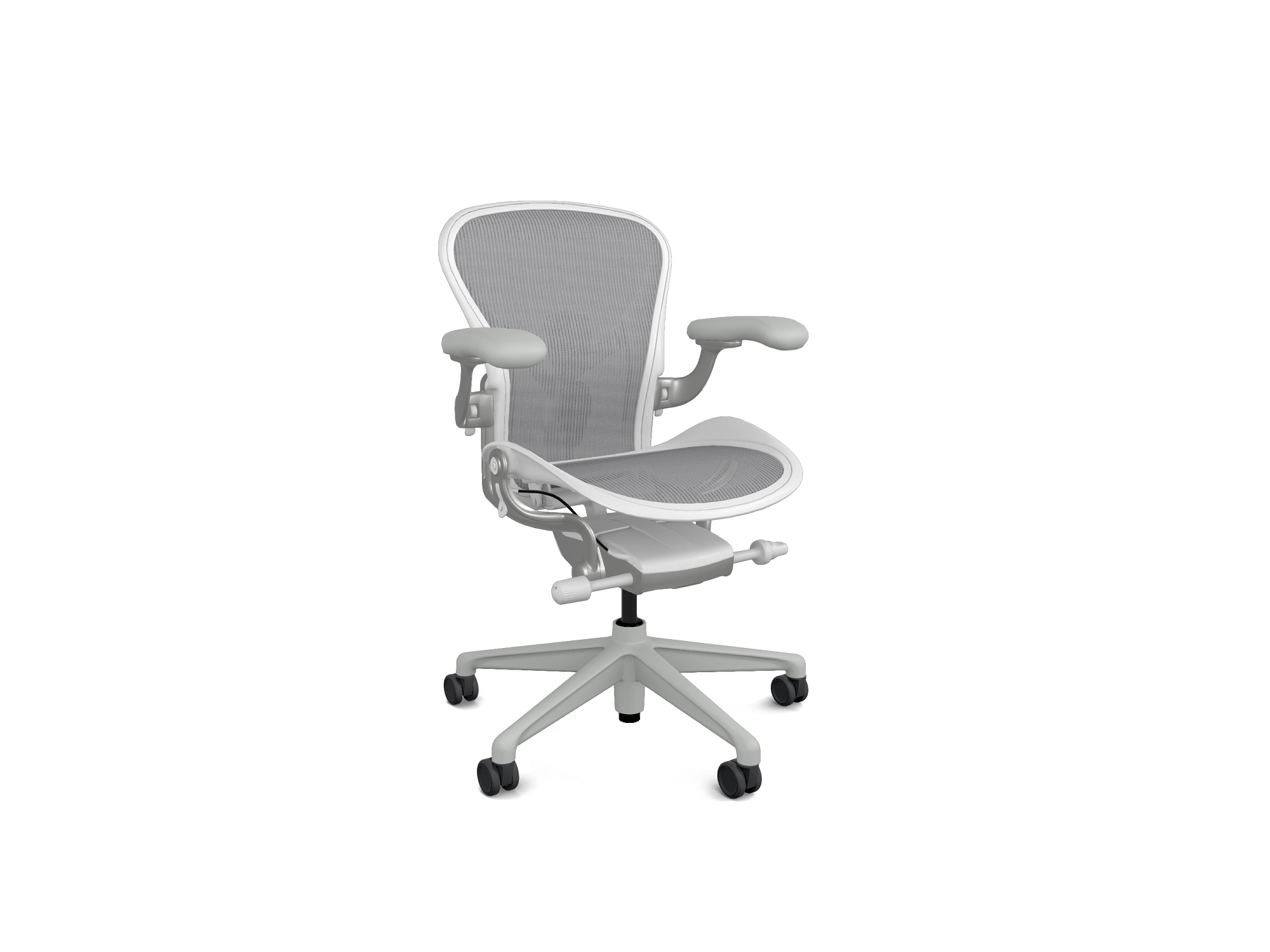 Front right corner view of the Aeron upgraded Herman Miller office chair in mineral with mineral base