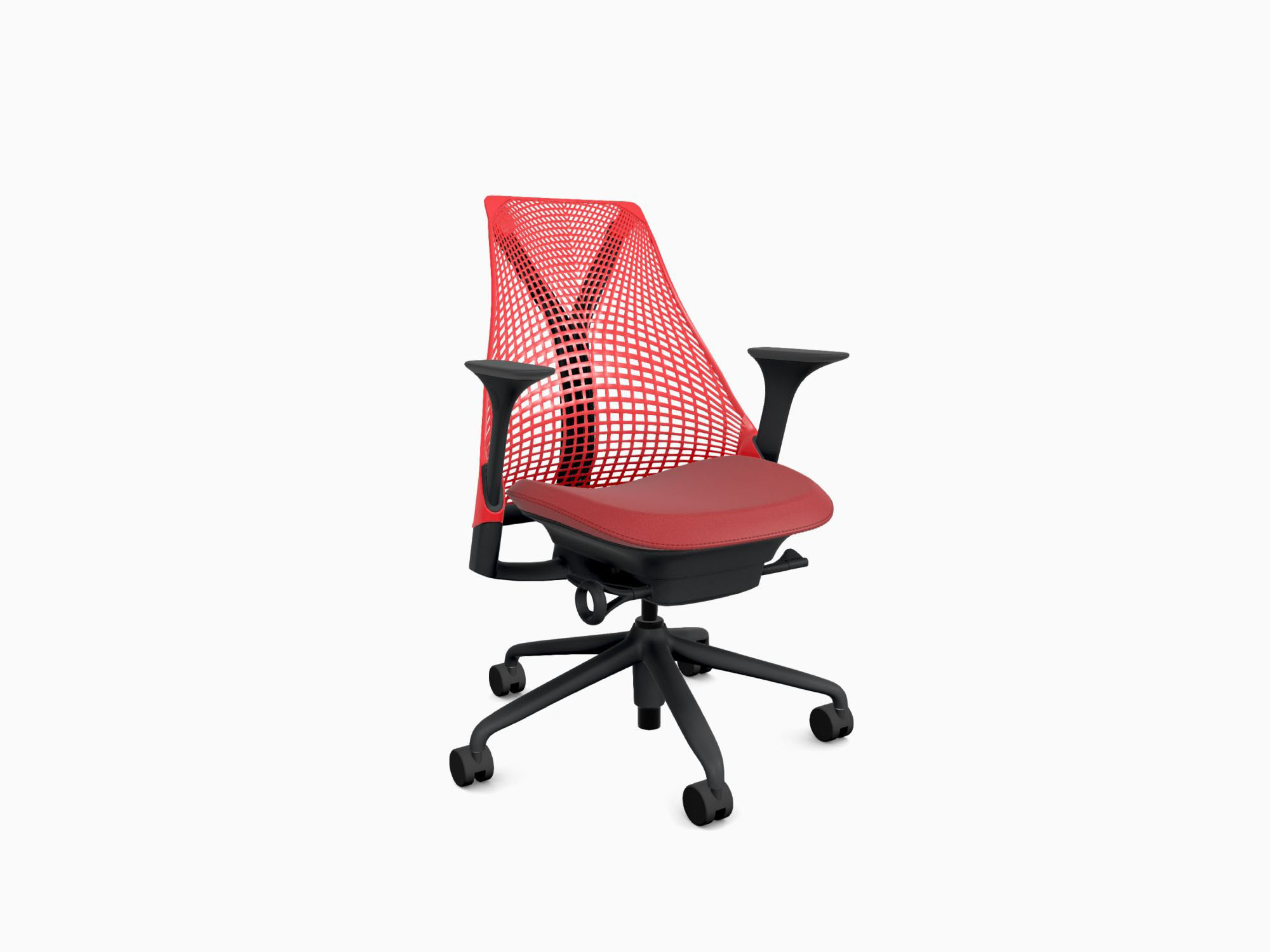 Herman Miller office chair with black base in crepe cherry front angle view