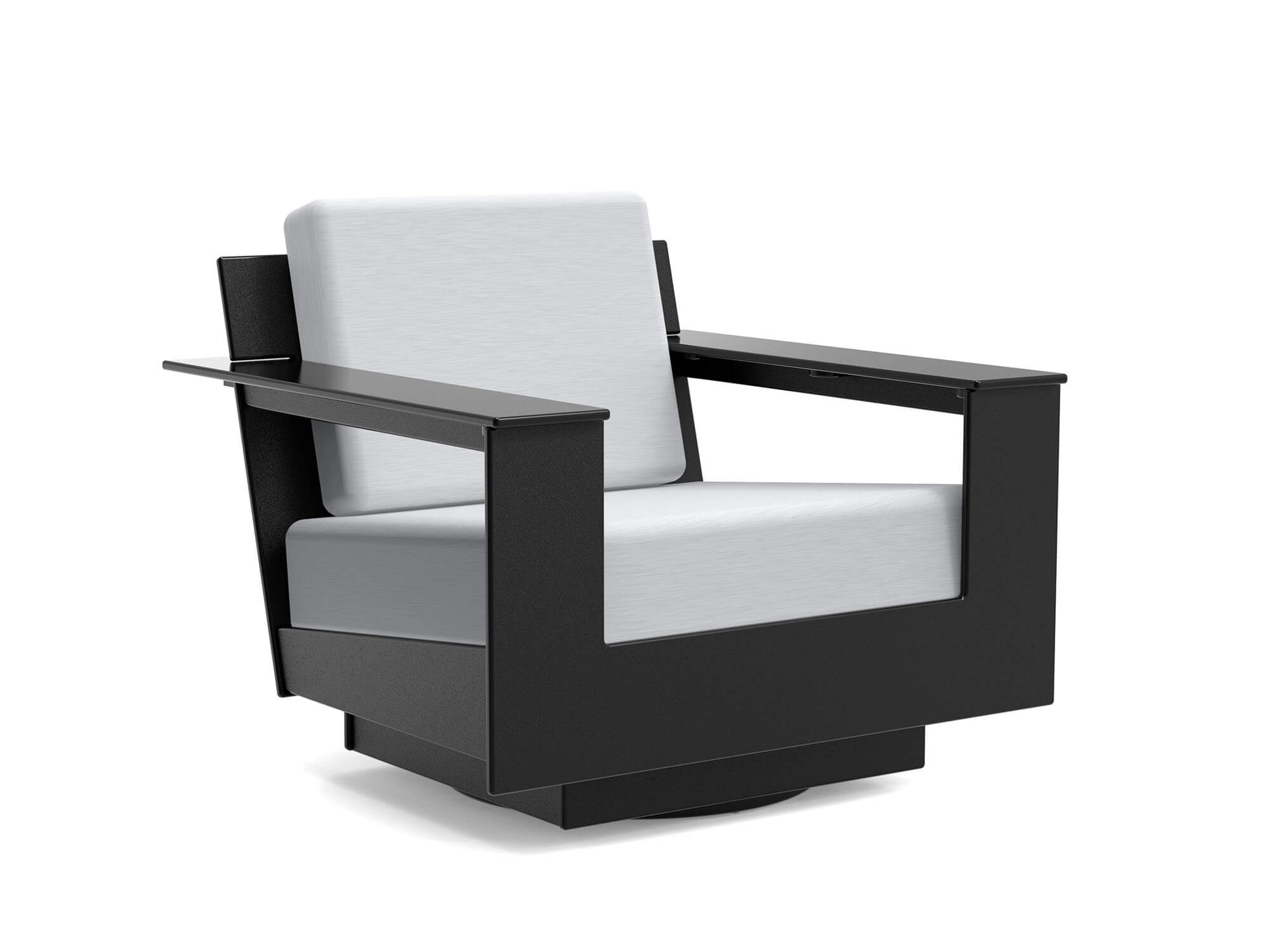 Black and white swivel outdoor lounge chair front angle view