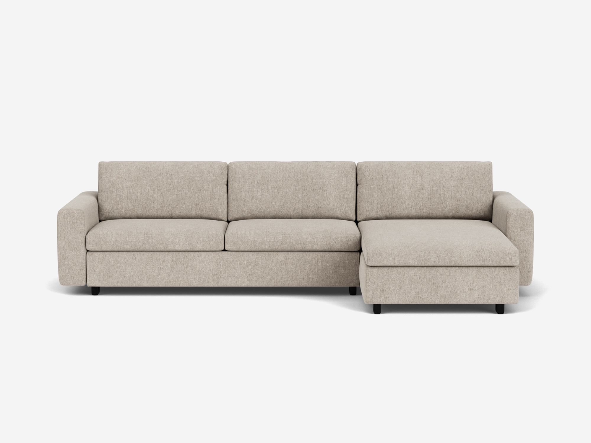 Front view of the beige fabric Reva modern sectional with right hand facing chaise