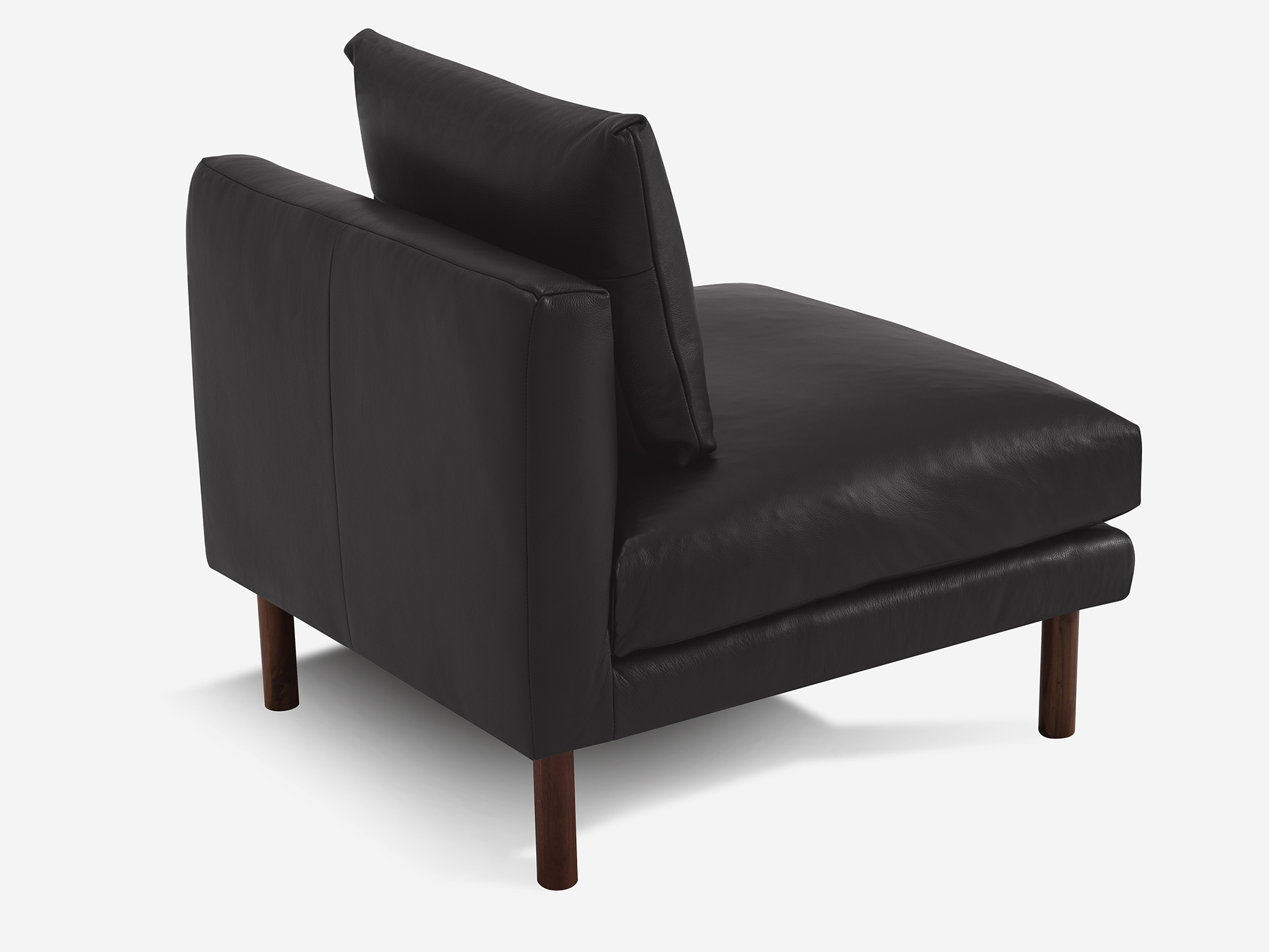 Back corner view of black leather armless chair with cushion