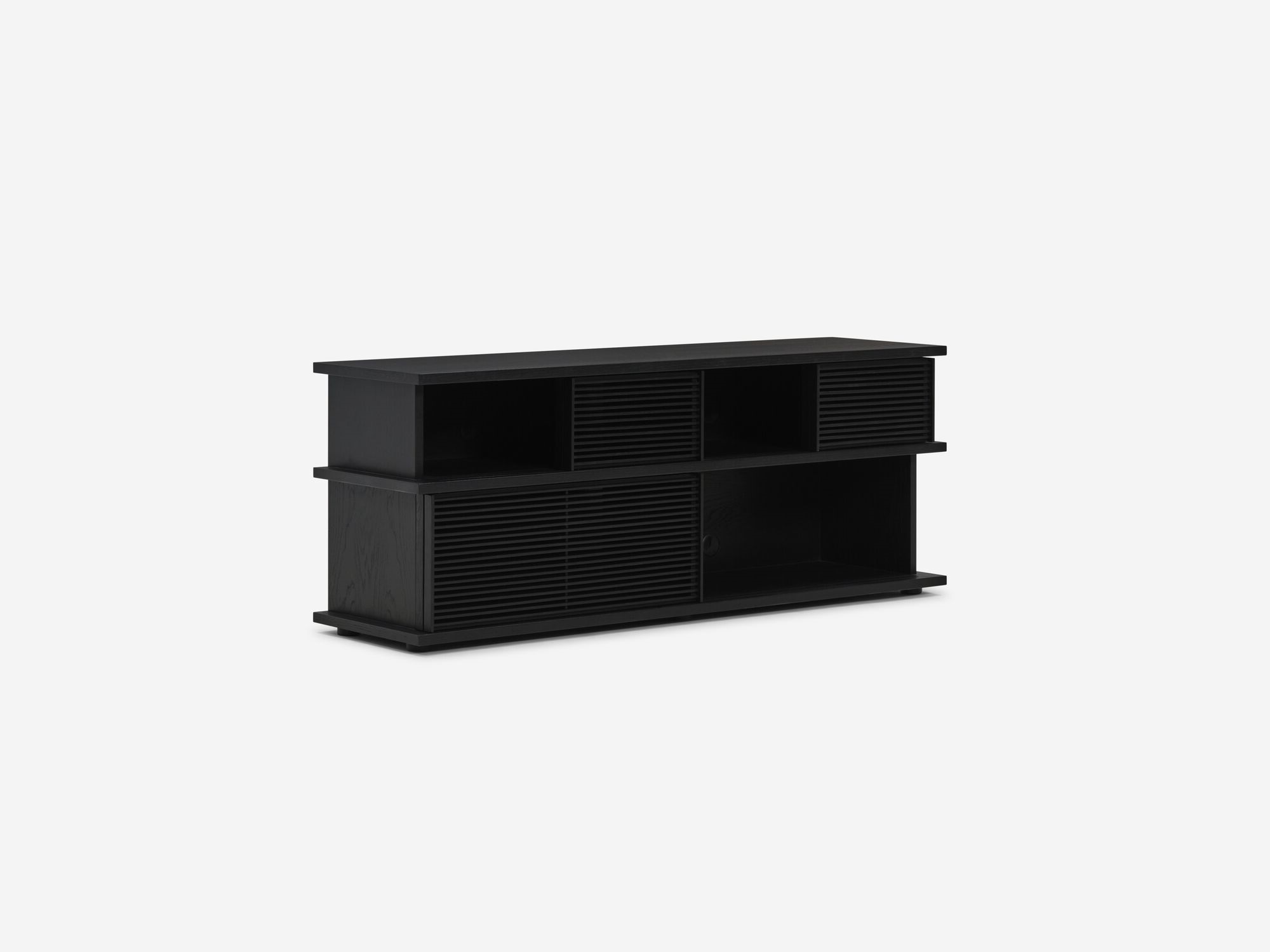 Front angle view of tall black oak media unit with slatted panels