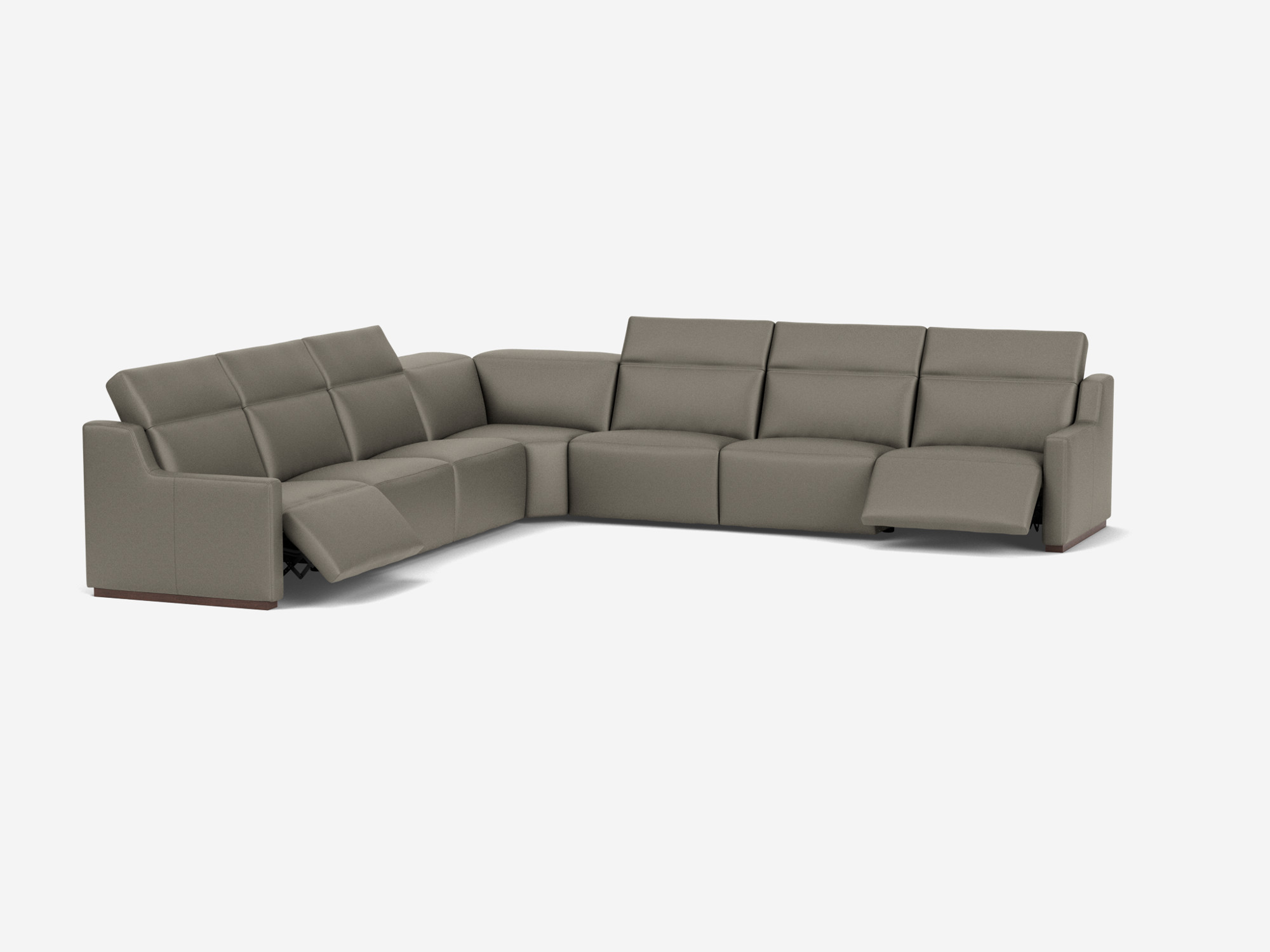 Front angle view of grey leather reclining sectional sofa