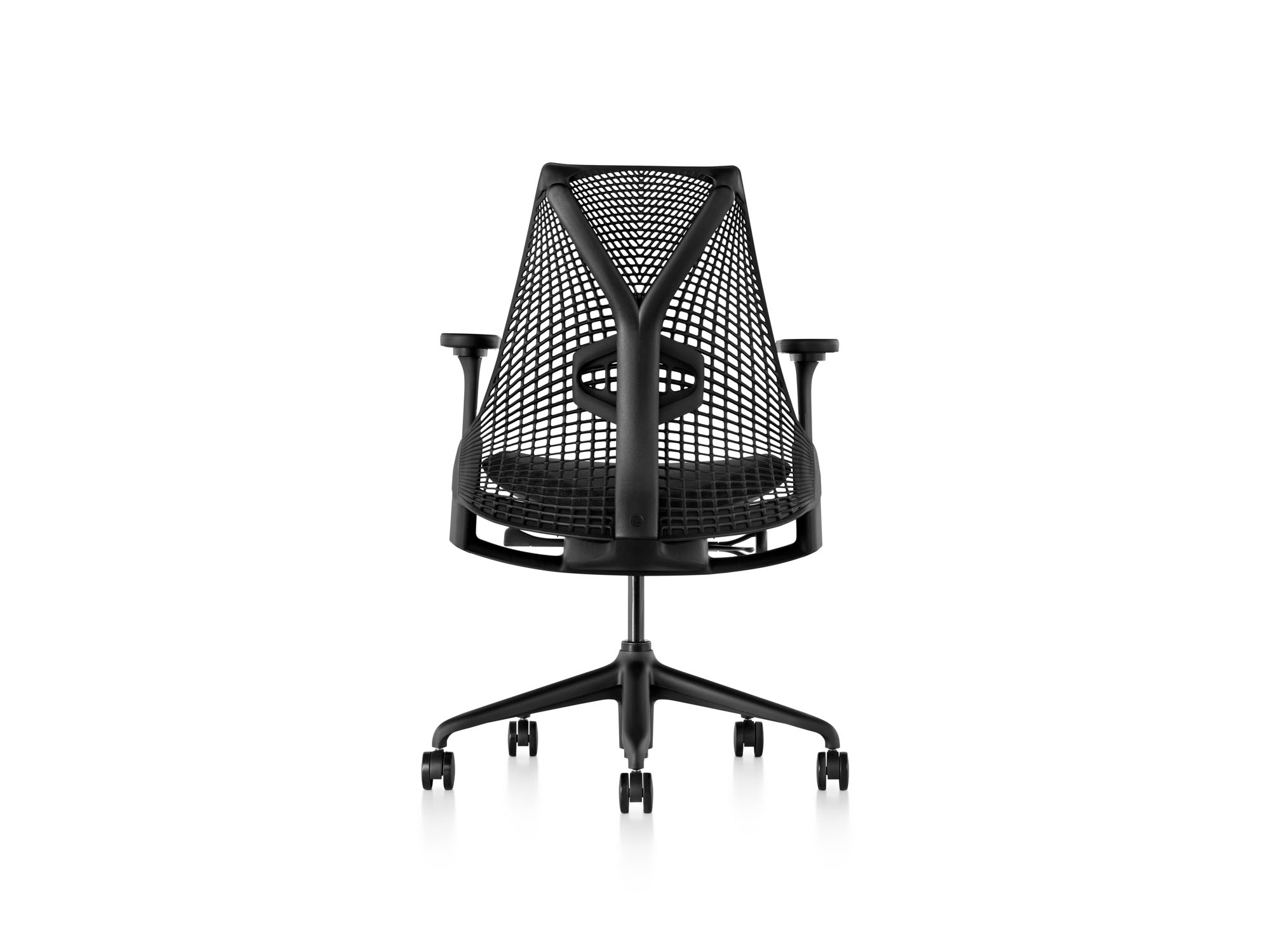 Herman Miller office chair with black base in rhythm black back view