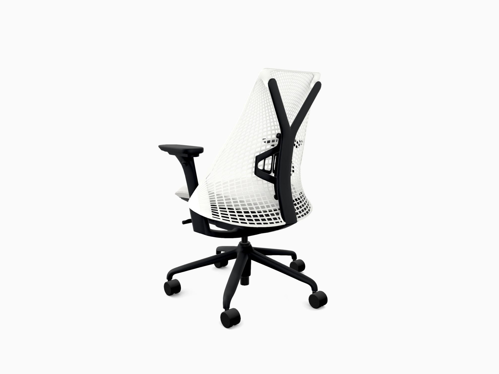 Herman Miller office chair with black base in crepe mineral back angle view