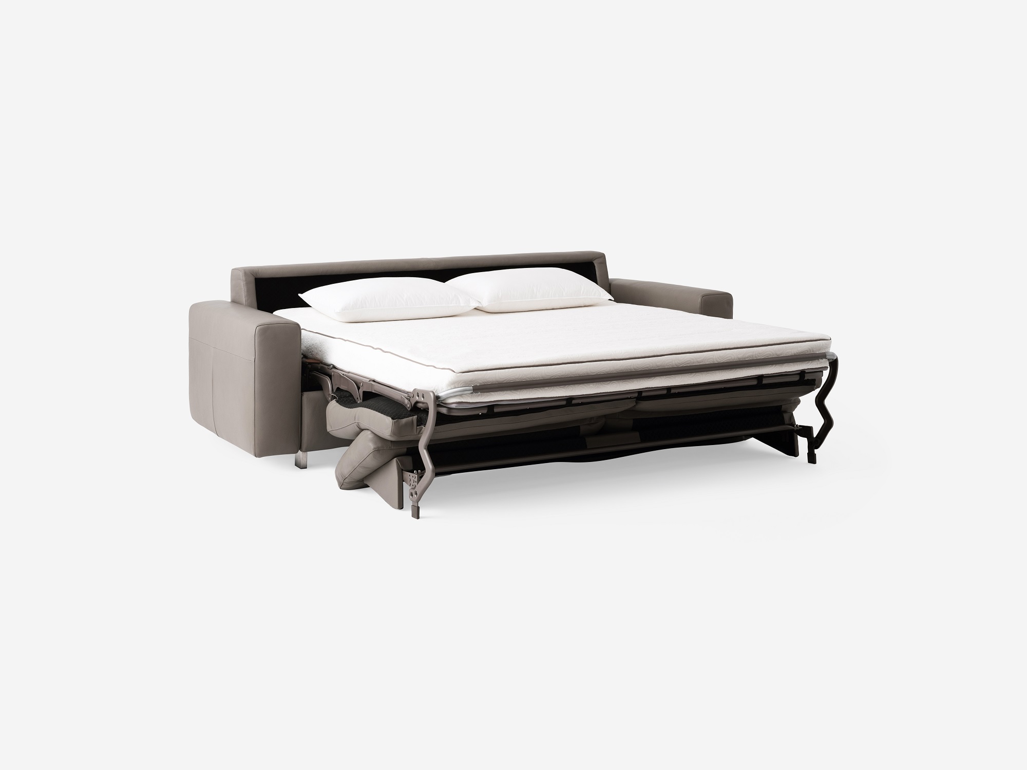 Angled view of the Reva modern sleeper sofa in grey leather with bed unfolded