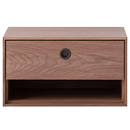 Floating nightstand in walnut with one drawer and open shelf front view