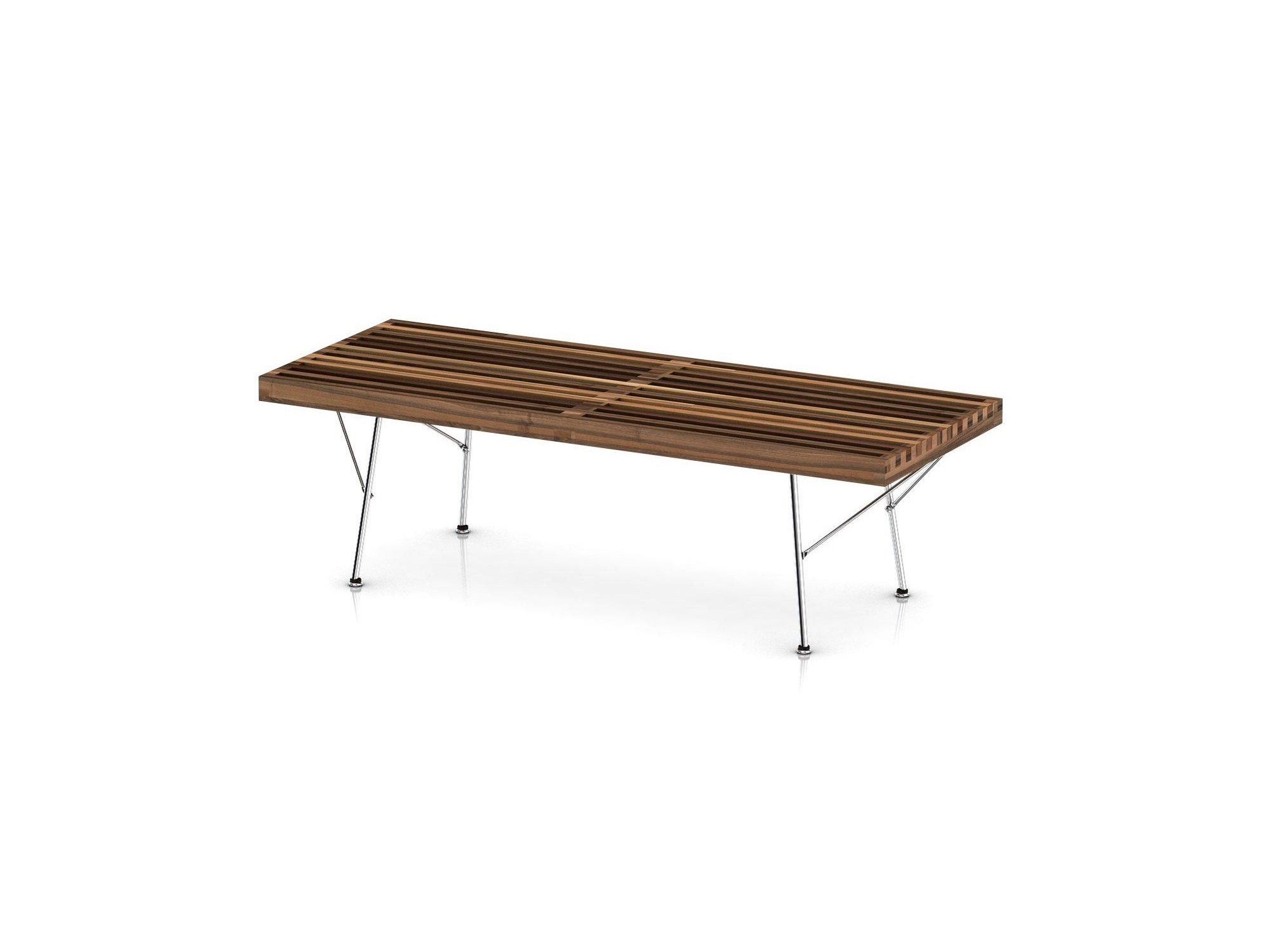 Right angle view of small walnut bench with chrome legs