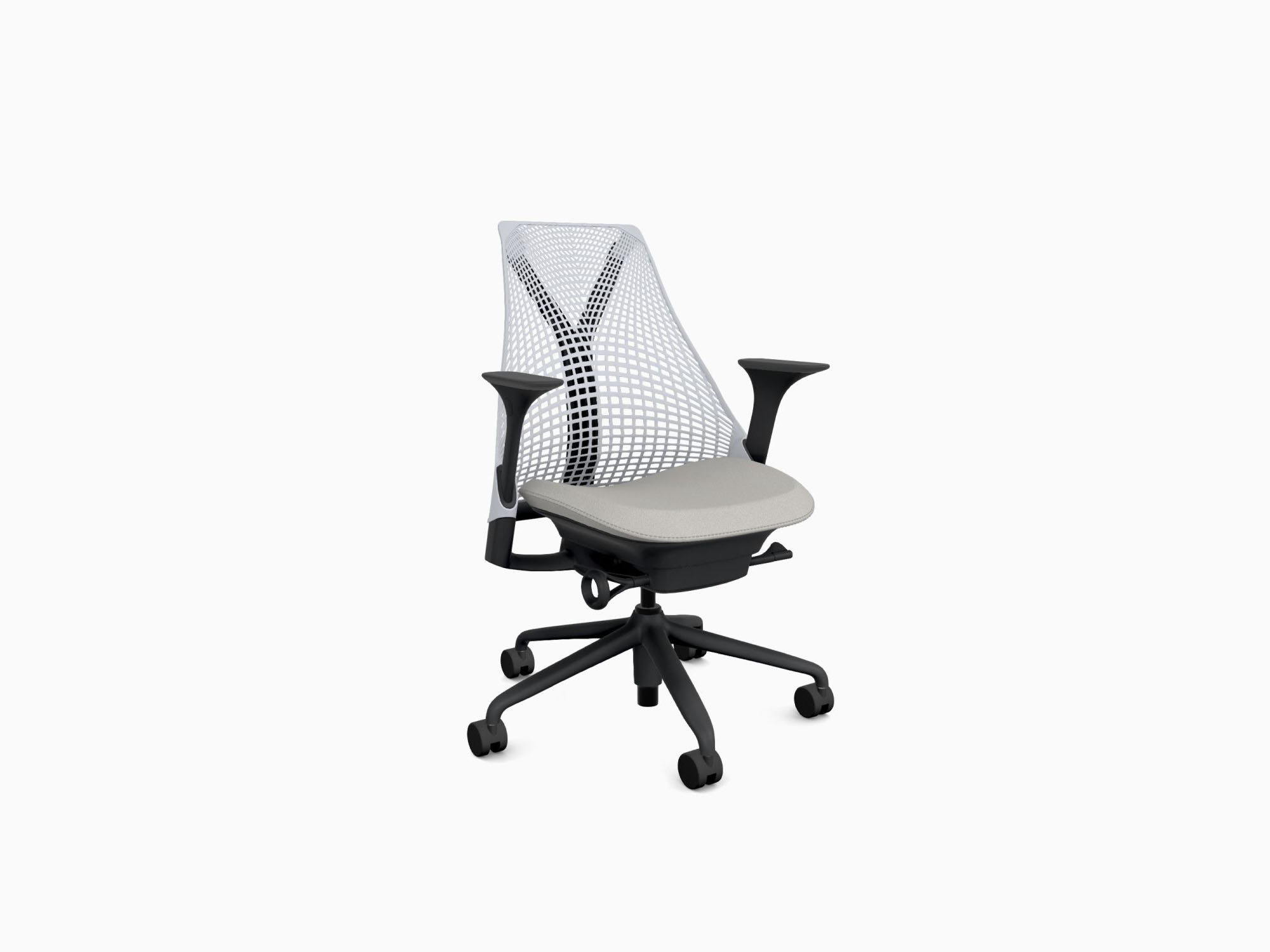 Herman Miller office chair with black base in crepe fog front angle view