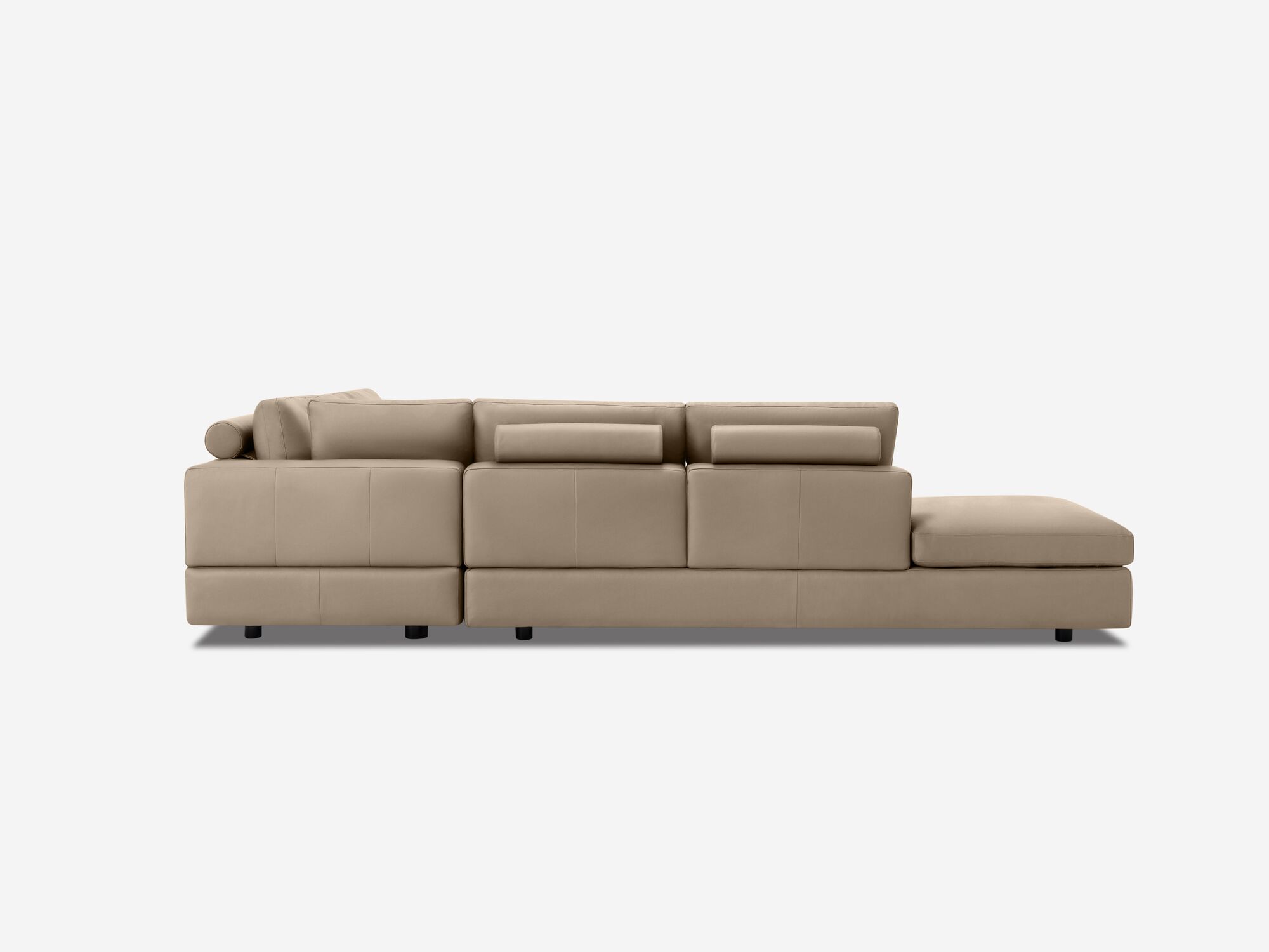 Back right view of taupe leather sectional sofa