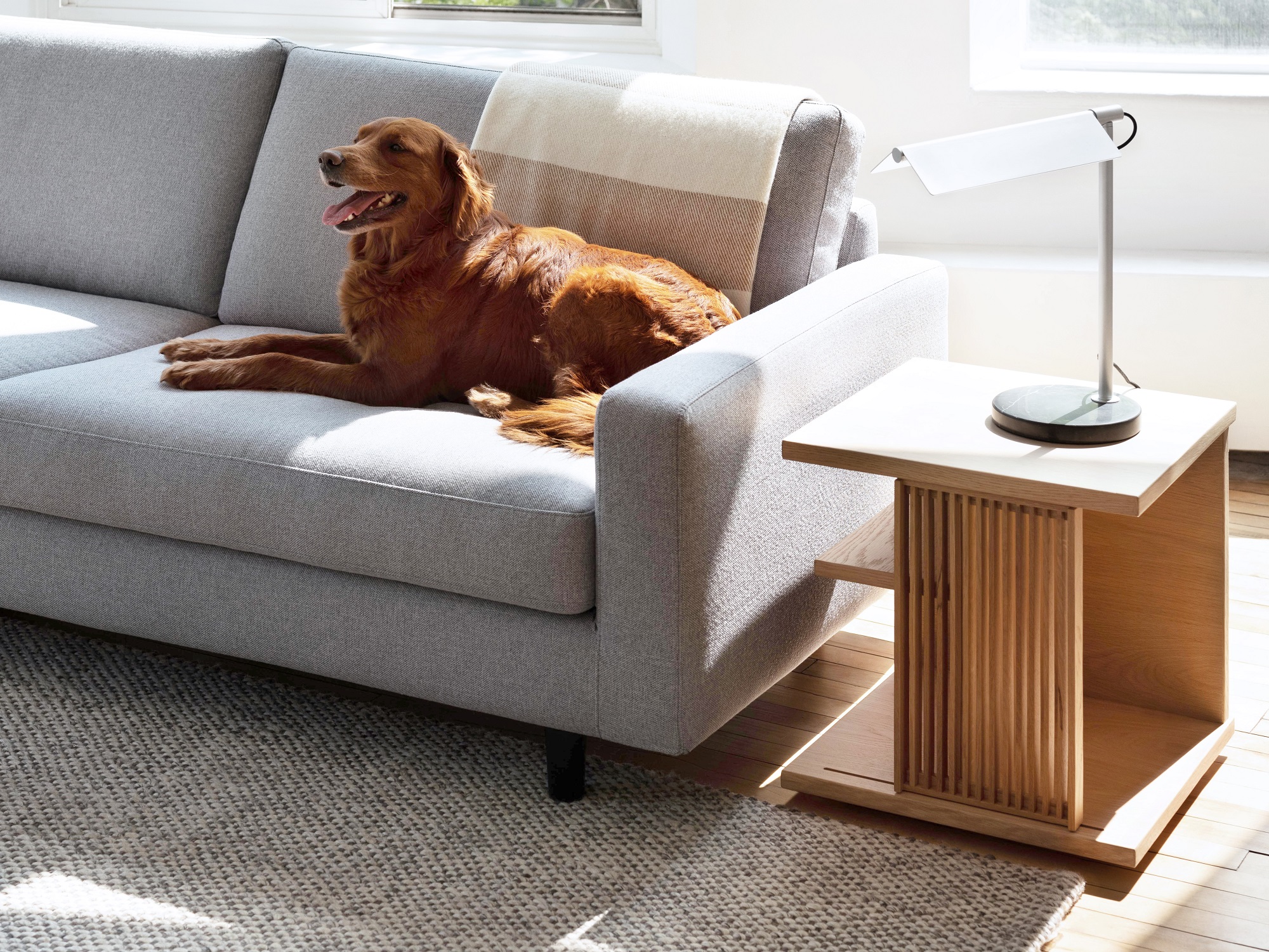 Oak slatted end table beside grey sofa with dog on it