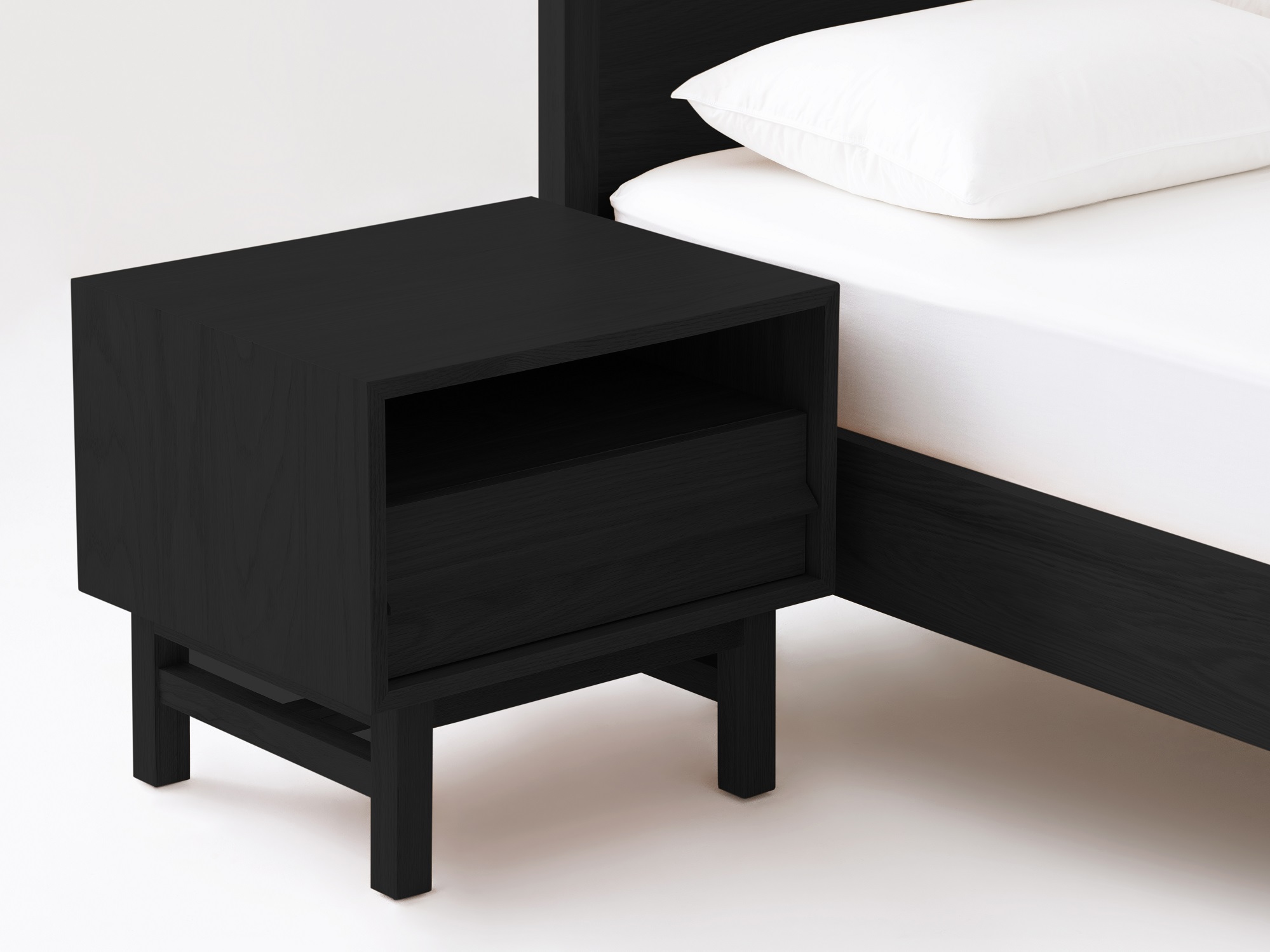 The Marcel open shelf modern nightstand in black oak with matching bed frame