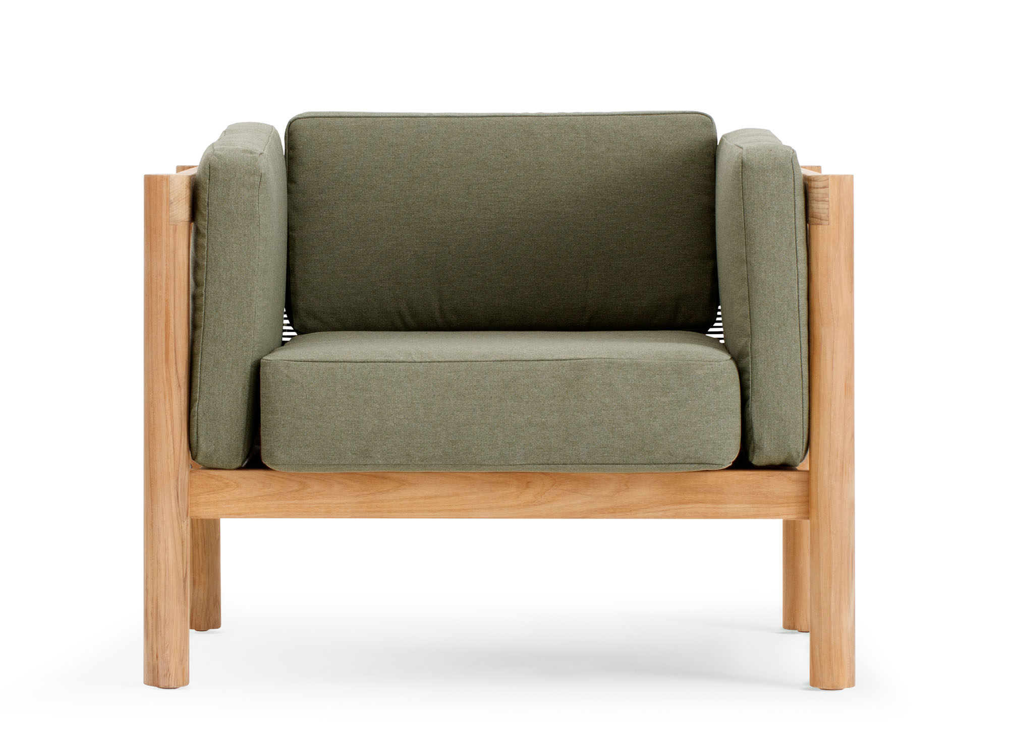 Front view of outdoor armchair with green cushions and wood legs