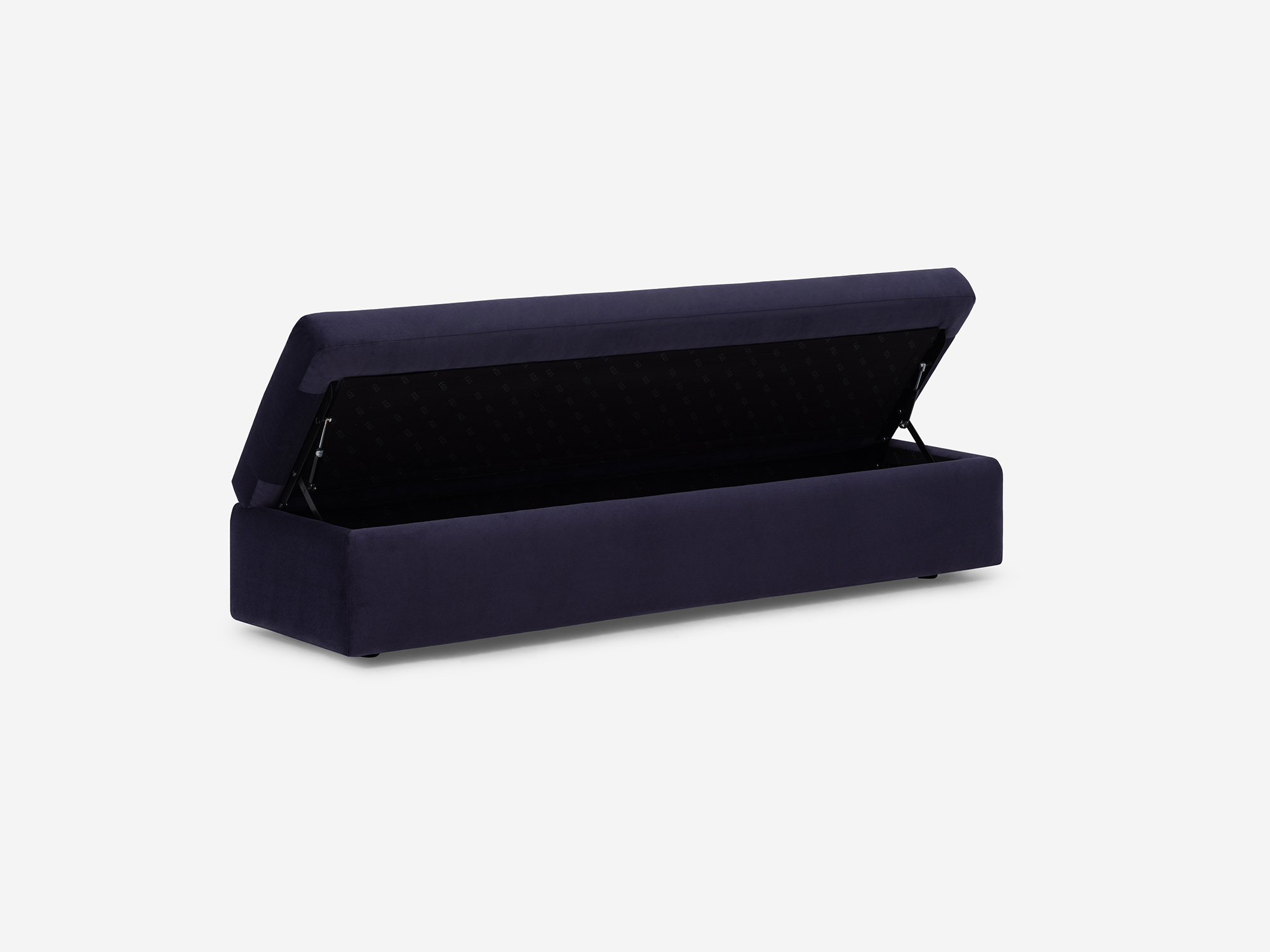 Angled view of the Cello large velvet storage bench ottoman with top open