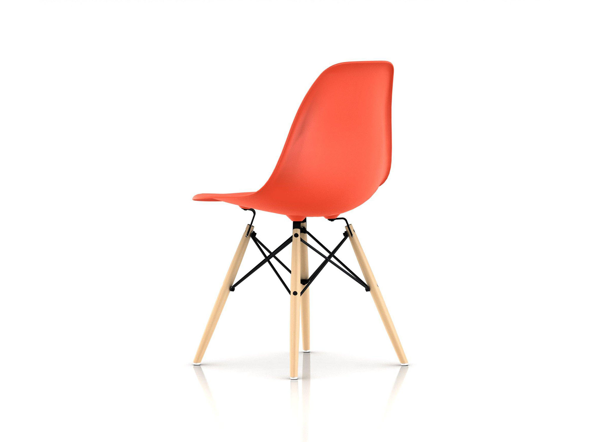 Back angle view of orange chair with oak dowels and black wire