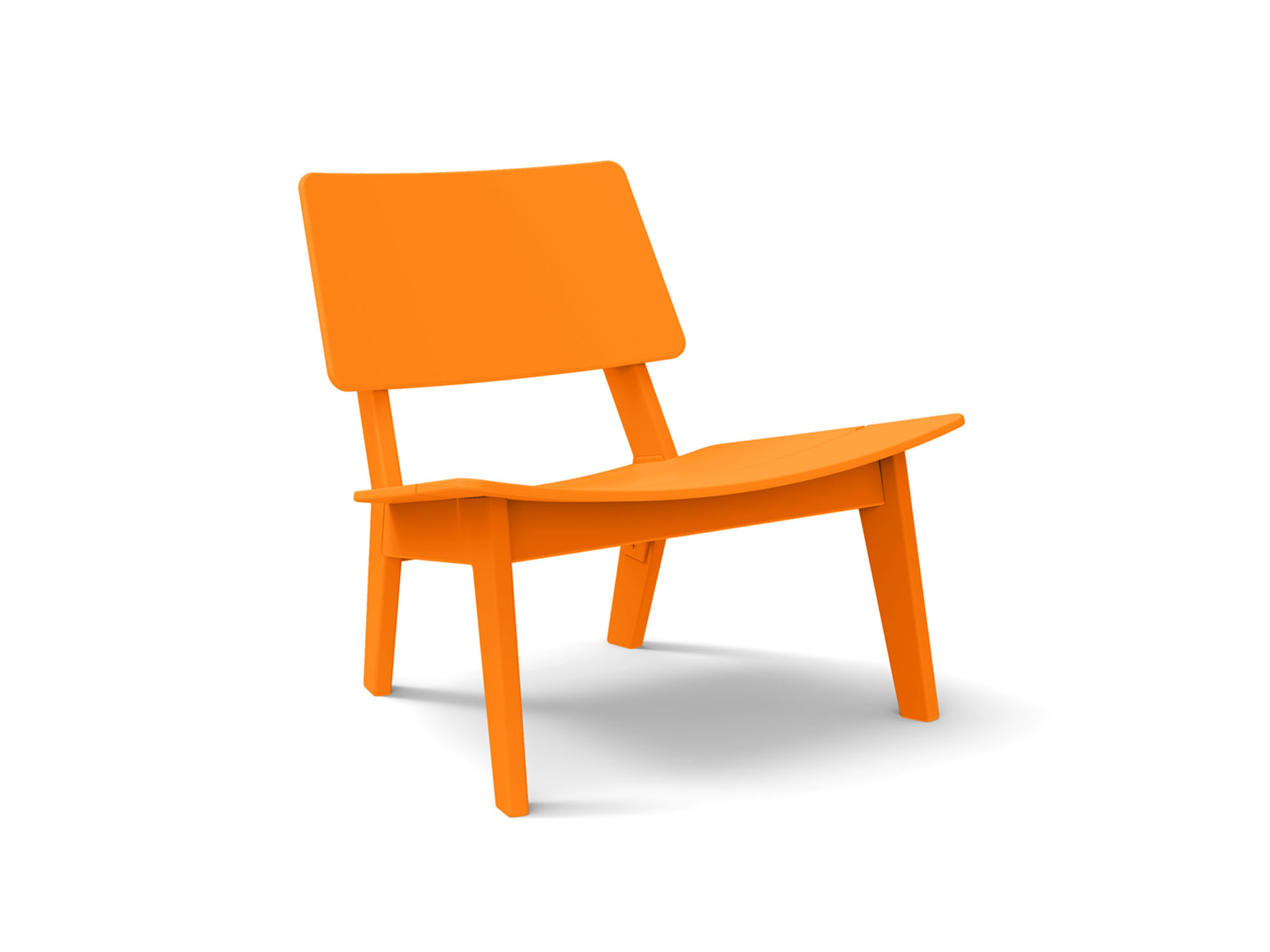 Angled view of the Lago patio lounge chair in sunset orange