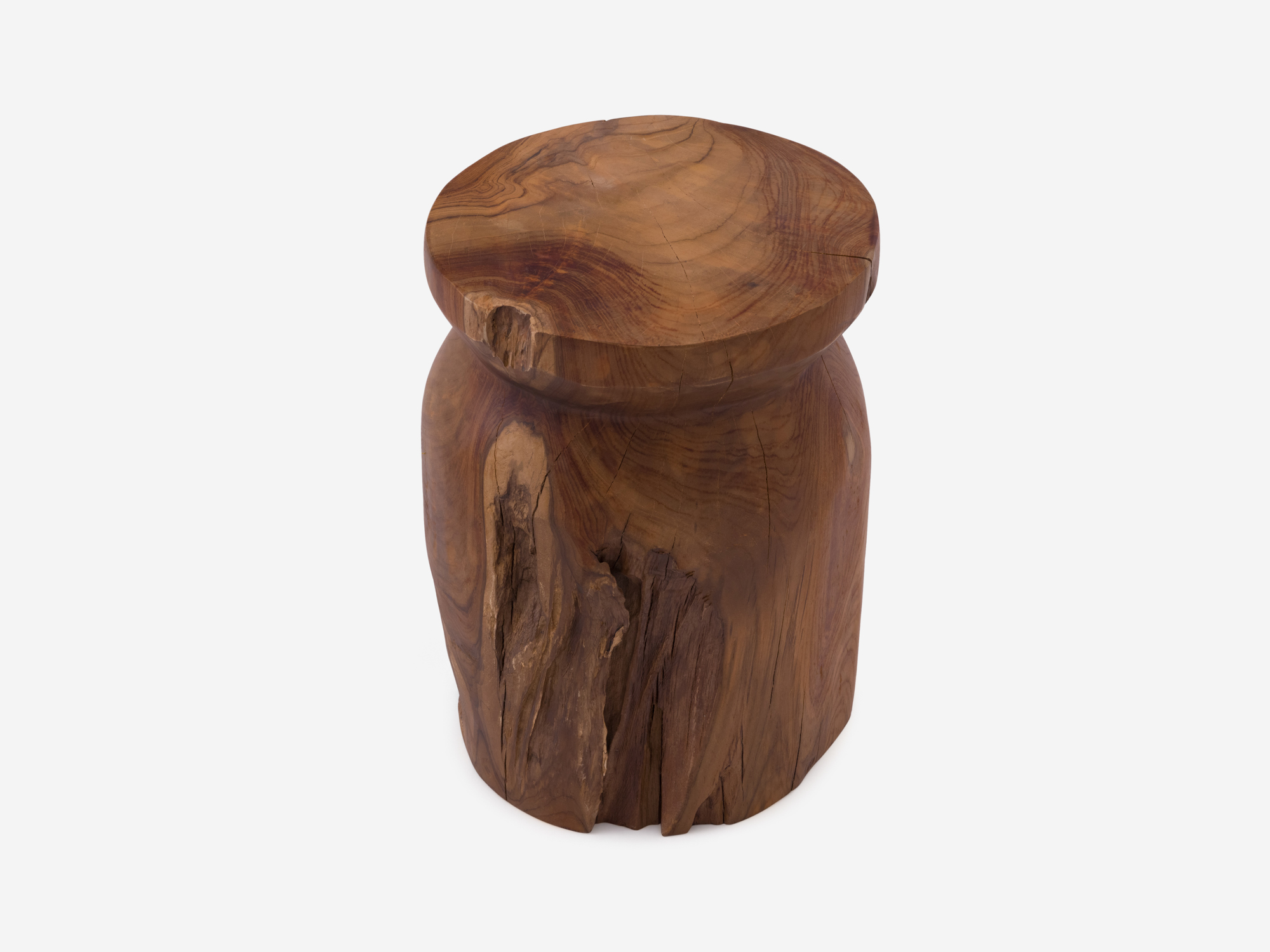 Round solid teak stool detail view