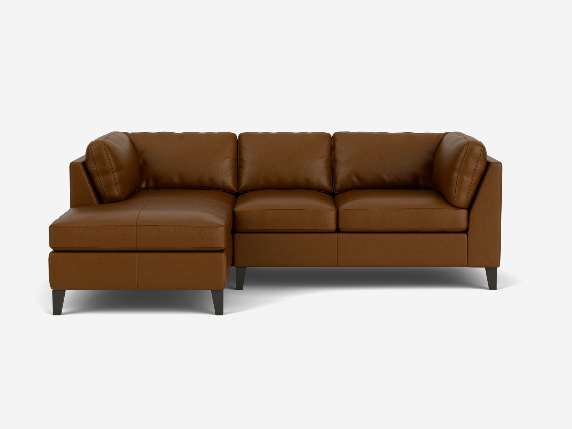 Front view of the Salema modern sectional couch in brown leather with left hand chaise