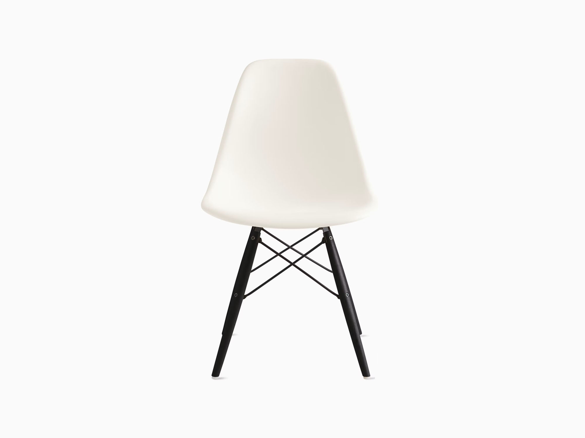 Front view of white plastic chair with ebony dowels