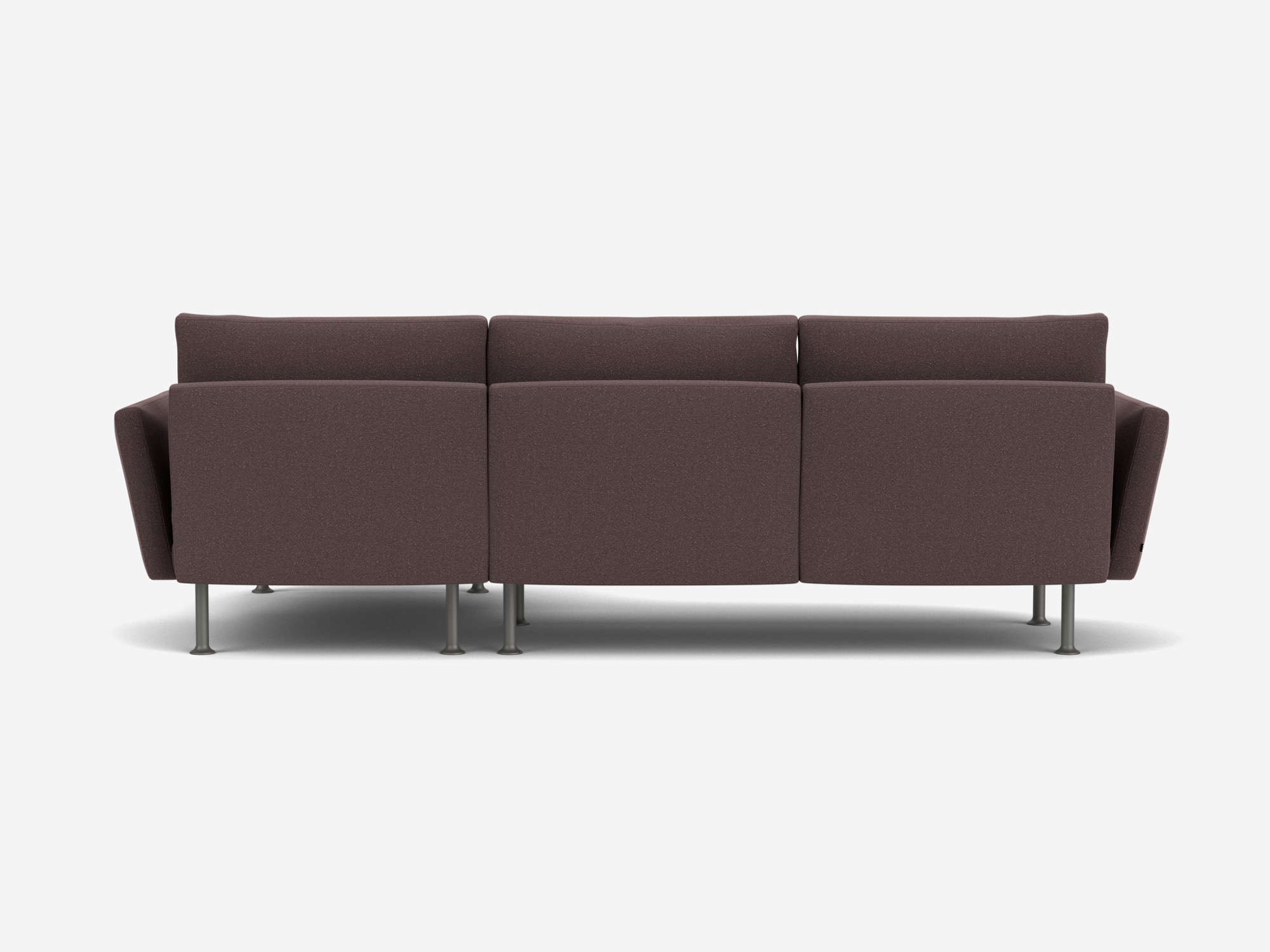 Brown sectional sofa with low arms and right facing chaise back view