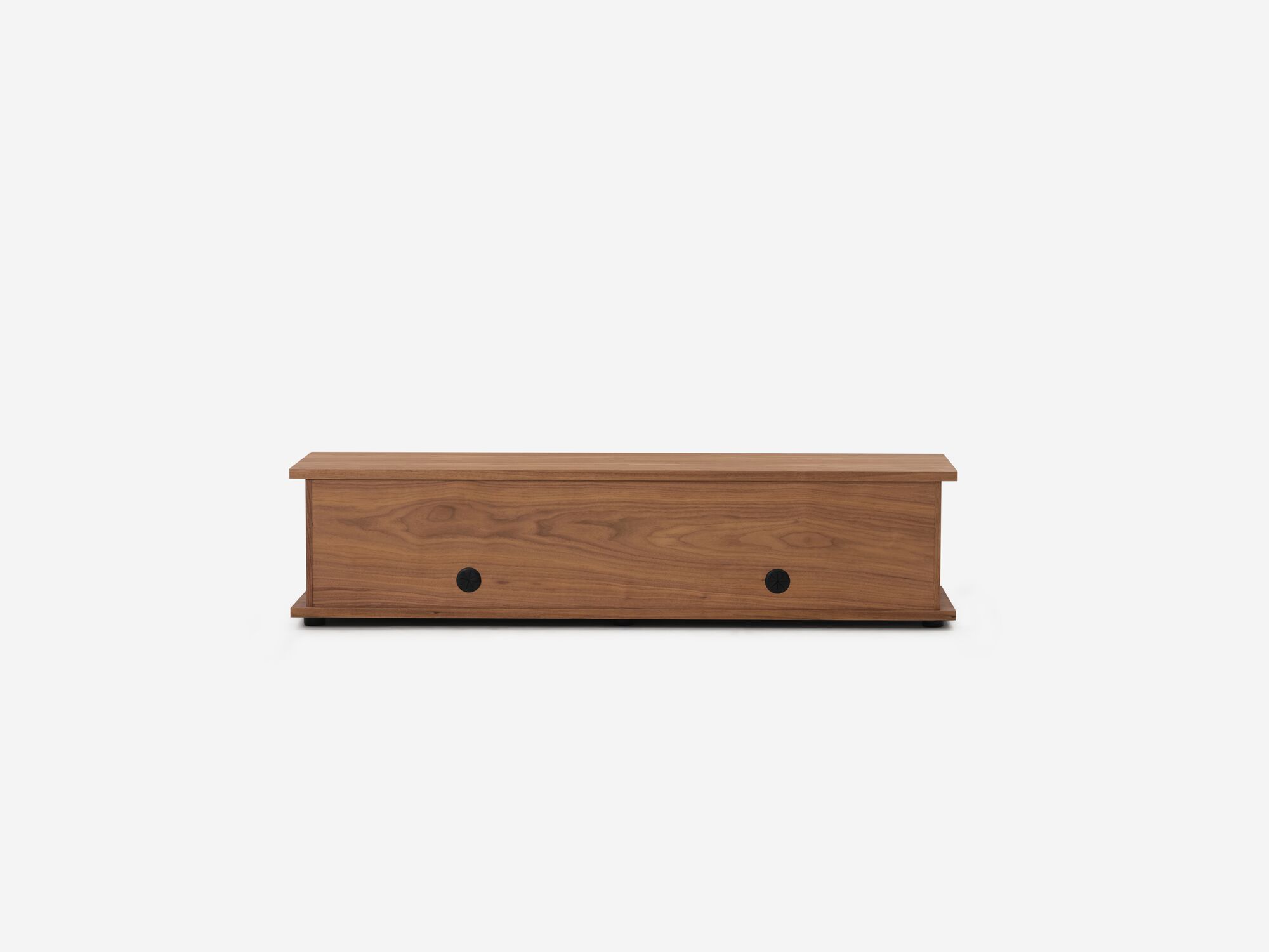 Back view of the Plank mid century media console in walnut