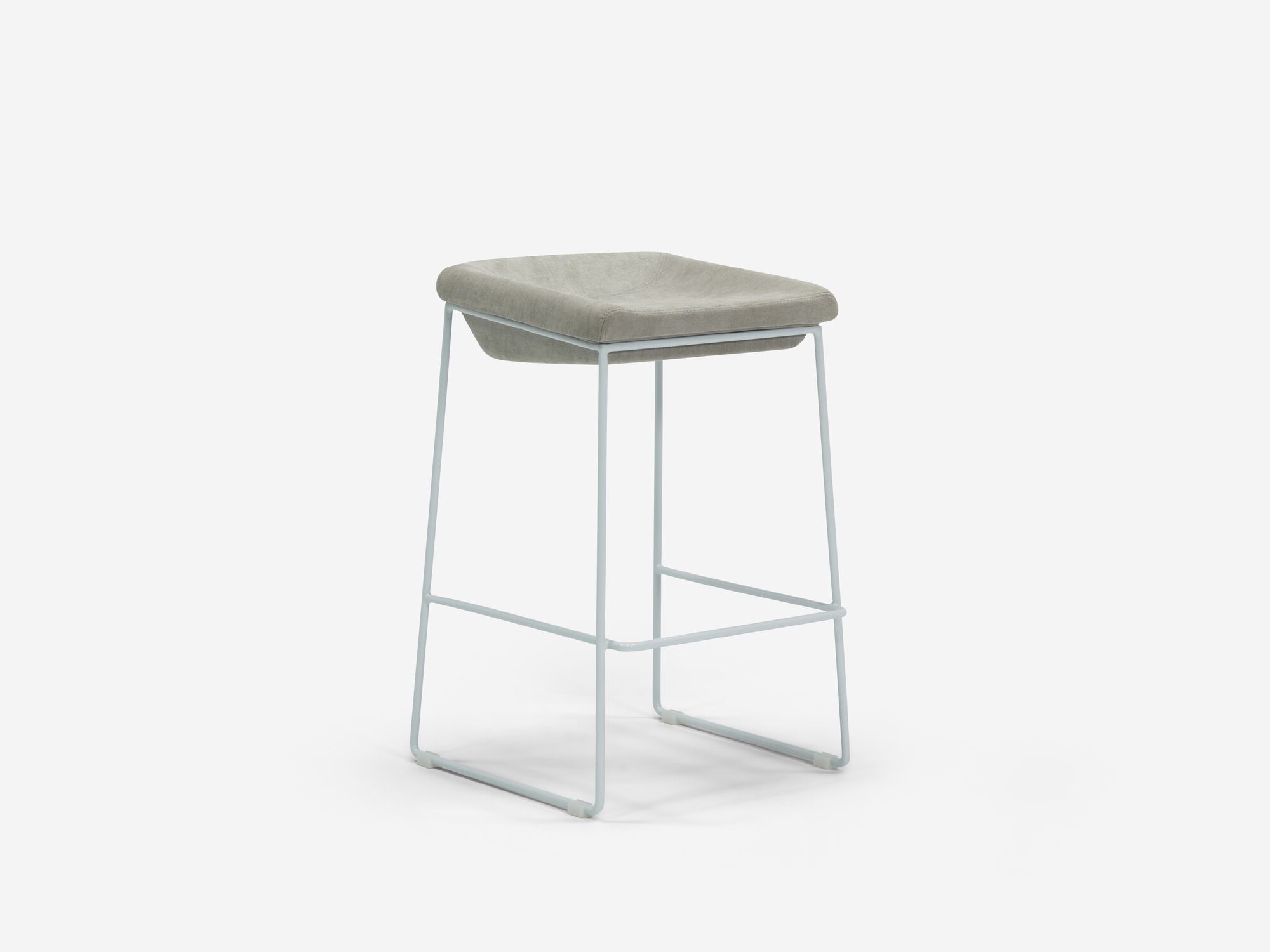 Counter stool with grey seat and white legs front angle view