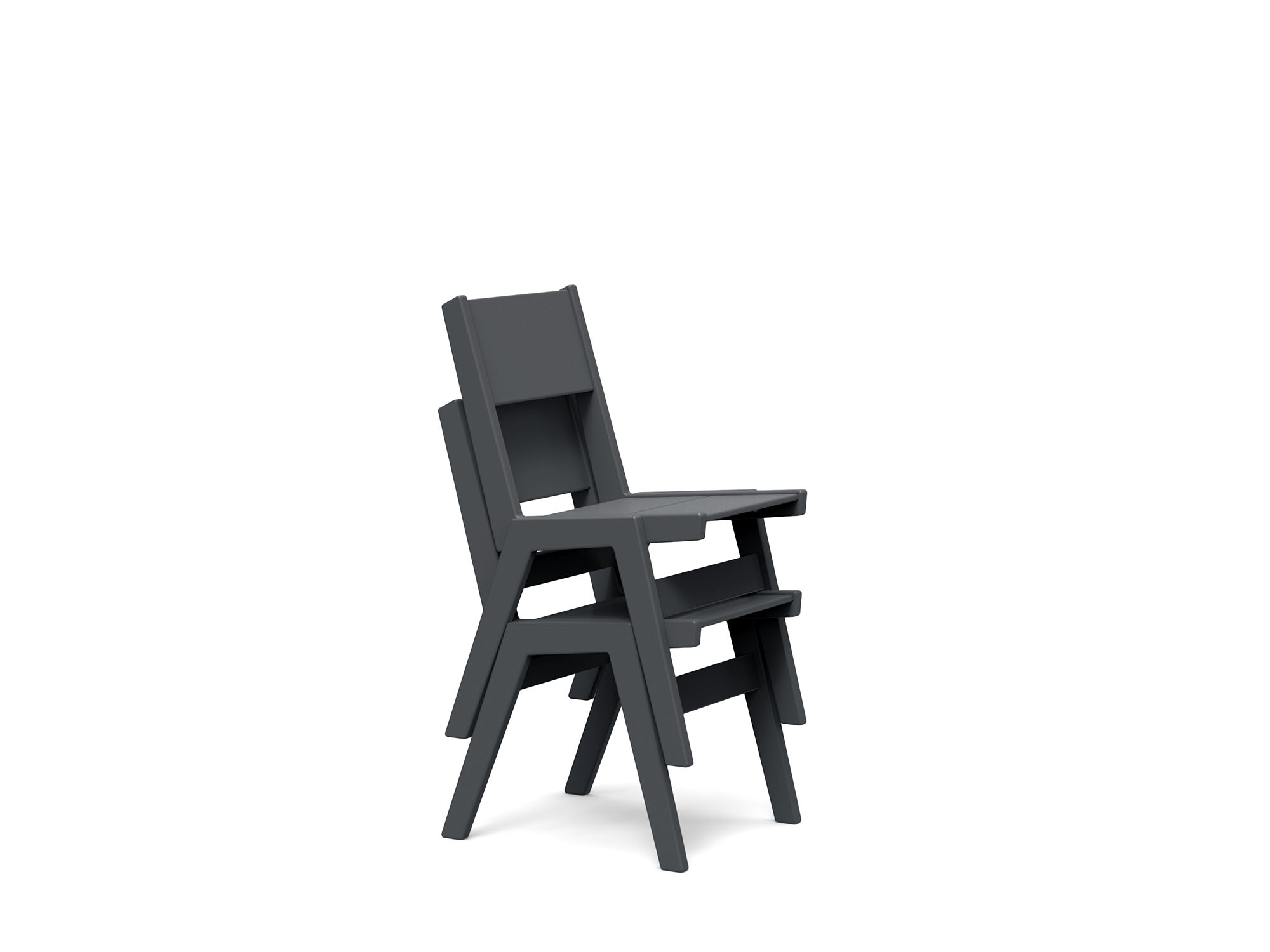 Two grey outdoor dining chairs stacked front angle view