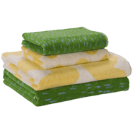 Yellow and green towels are shown stacked