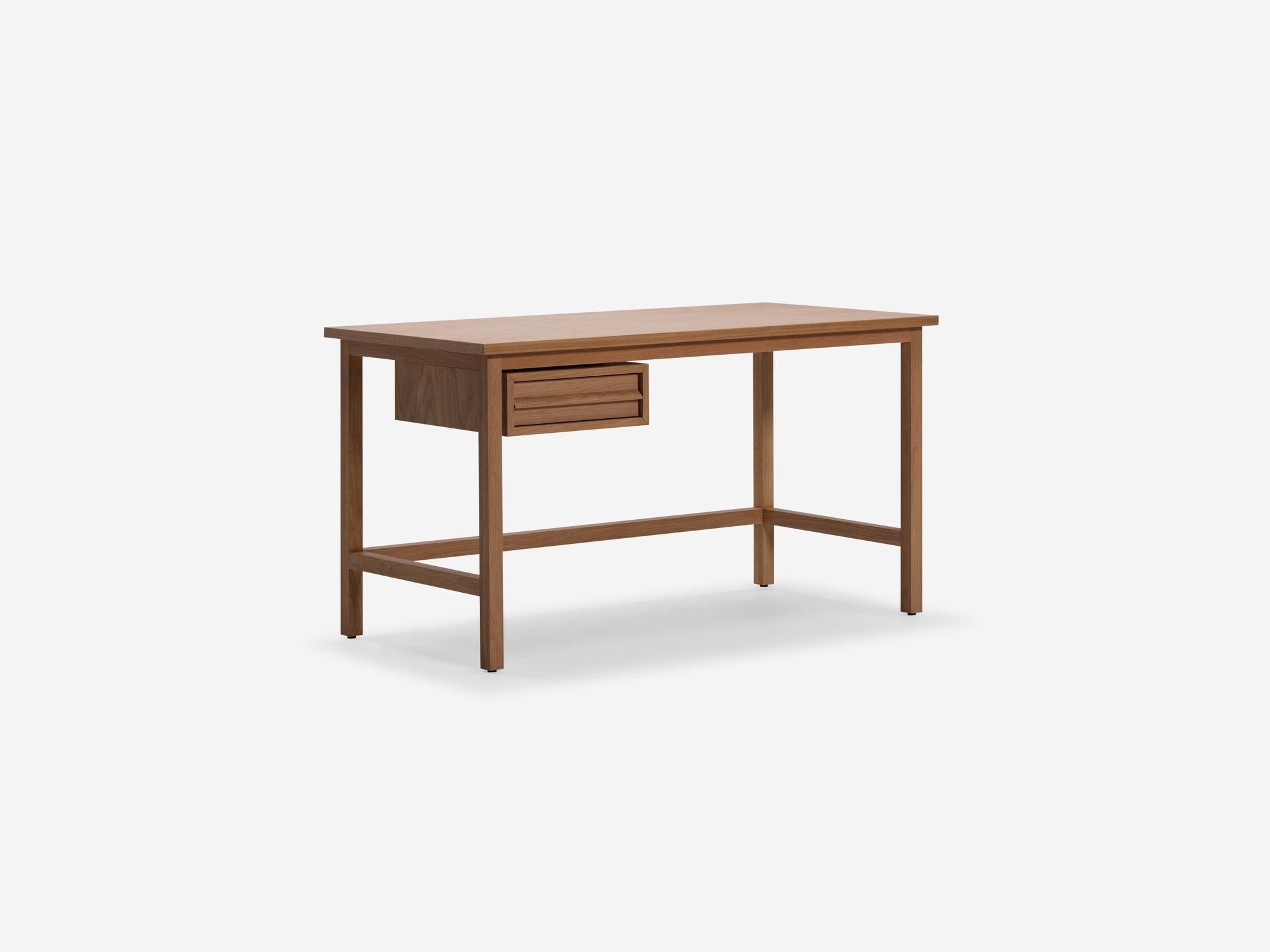 Oak desk with left side drawer front angle view