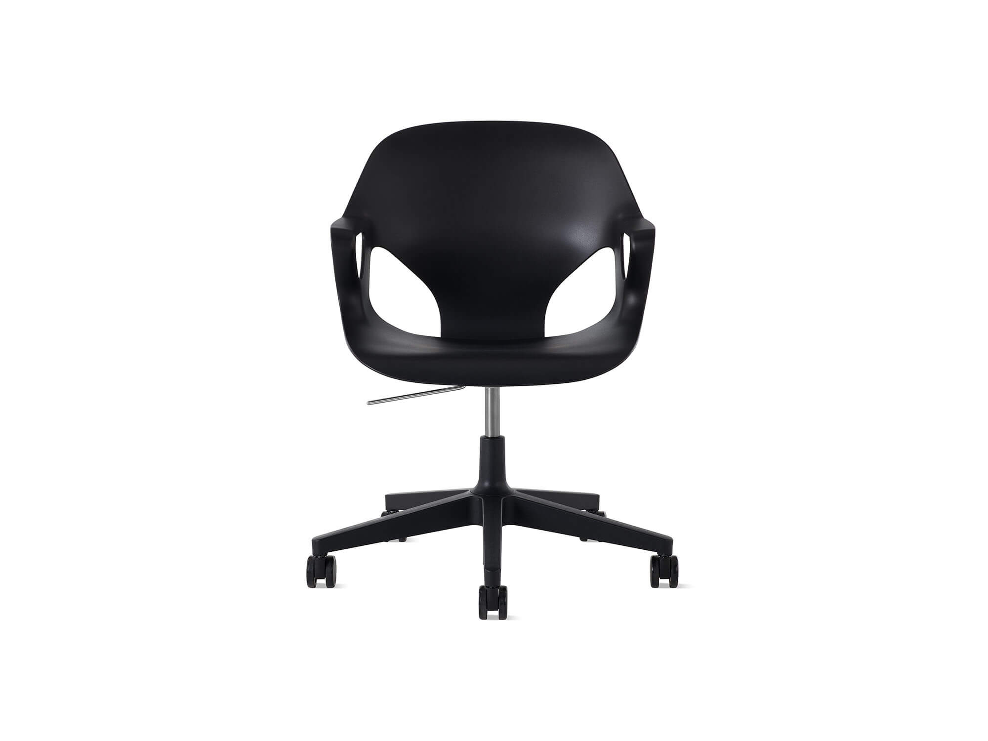 Front view of black Zeph armchair with no cushion
