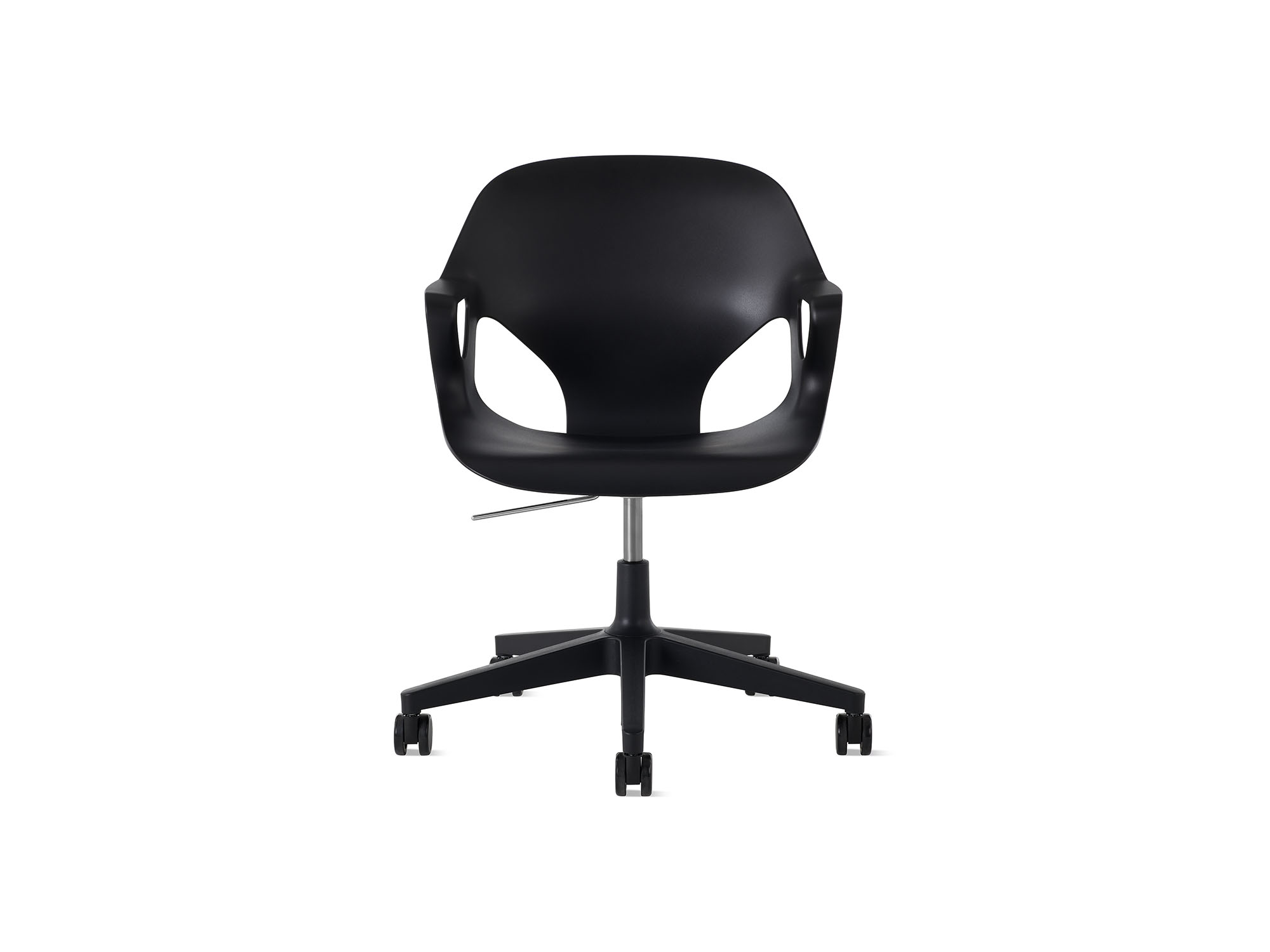 Front view of black Zeph armchair with no cushion