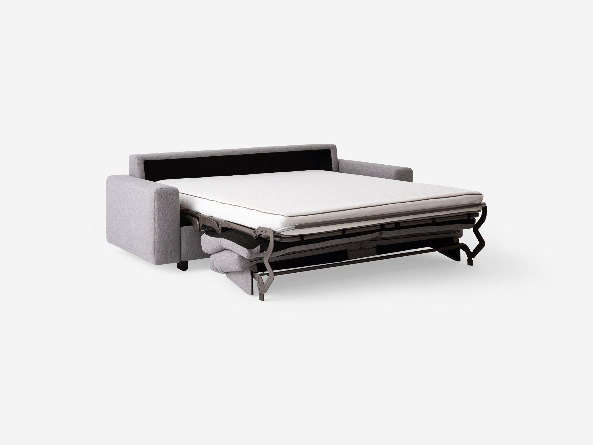 Angled view of the Reva modern sofa bed in grey fabric with bed unfolded