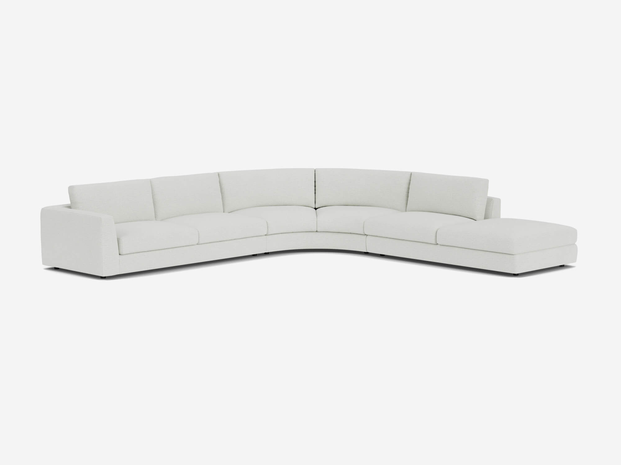 Right hand facing white curved sectional sofa front angle view