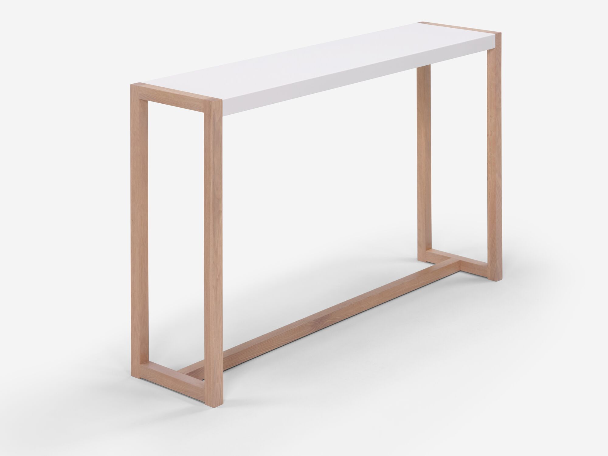 Detail view of white and oak console table