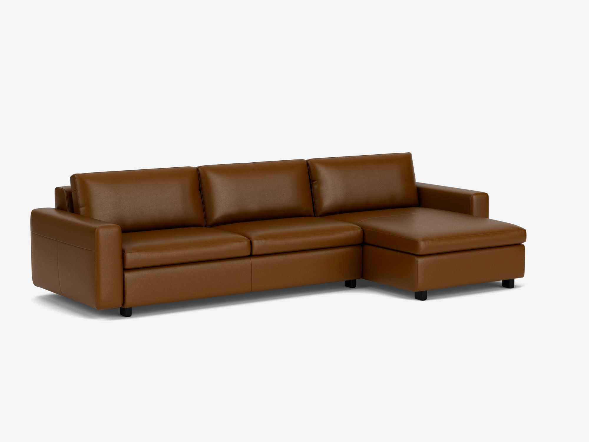 Front angled view of the brown leather Reva modern sectional with right hand facing chaise