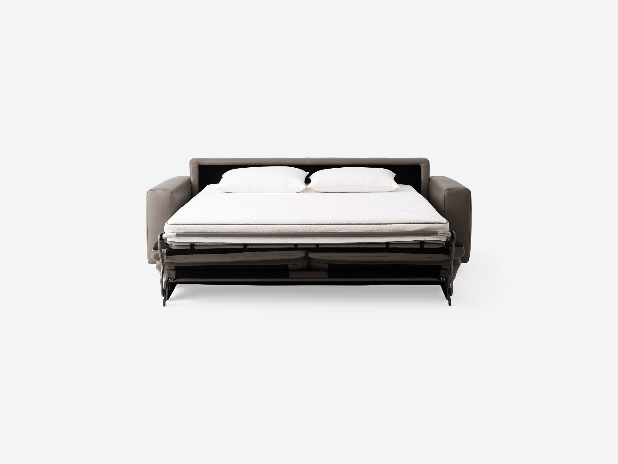 Front view of the Reva modern sofa bed in grey leather with bed unfolded