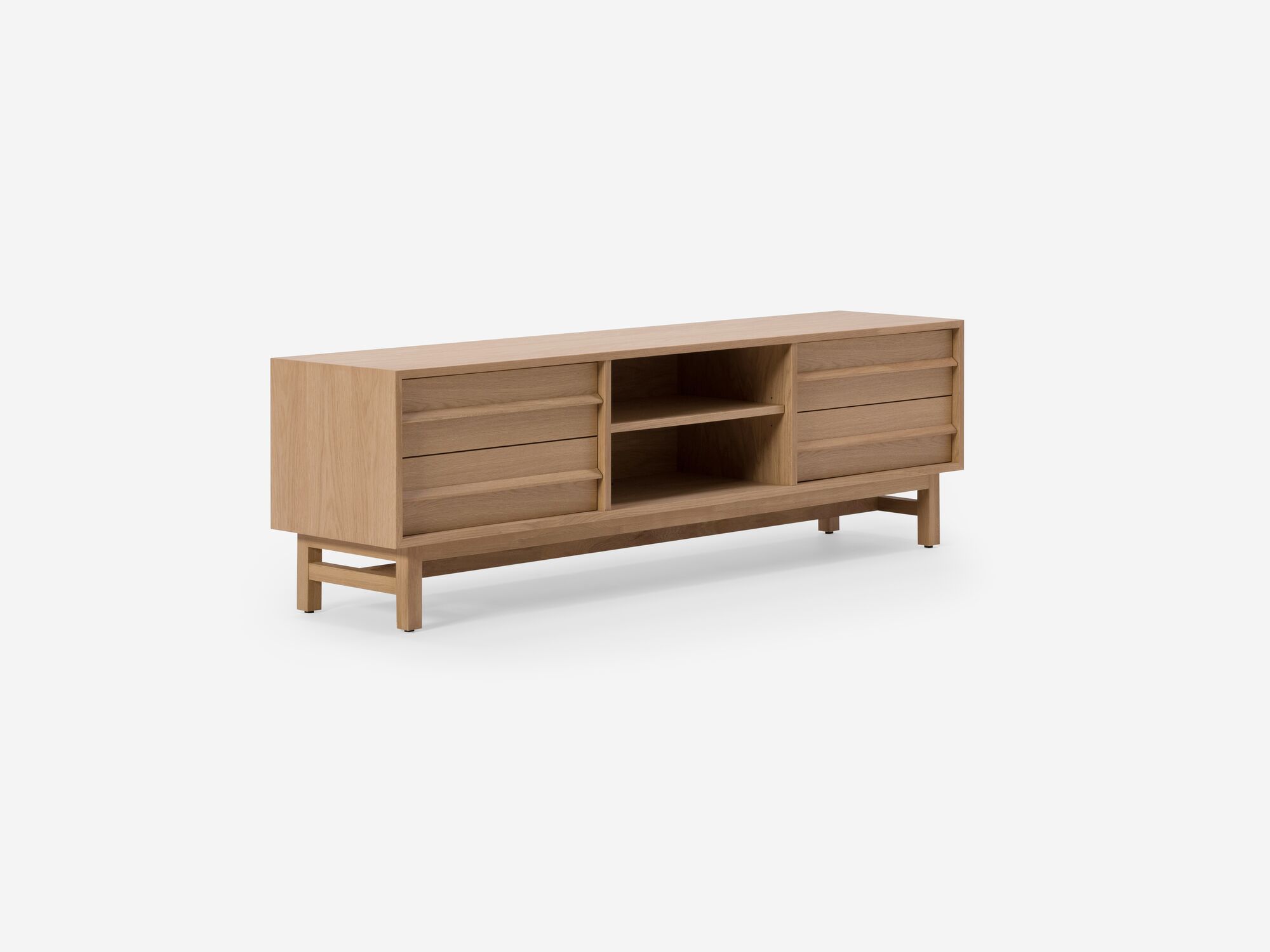 Large oak media unit corner view