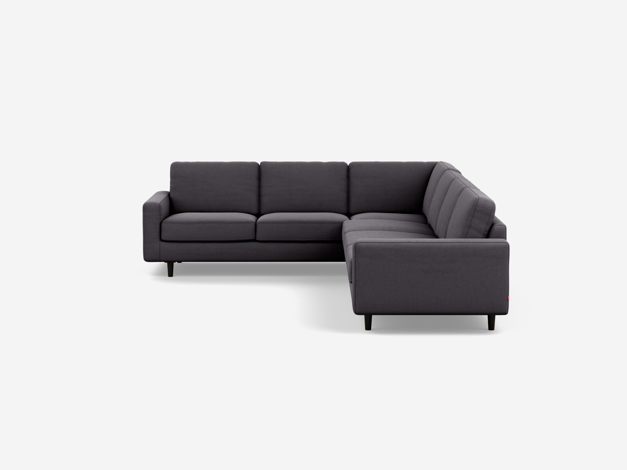 Front view of the Oskar l shape sofa in dark grey fabric.