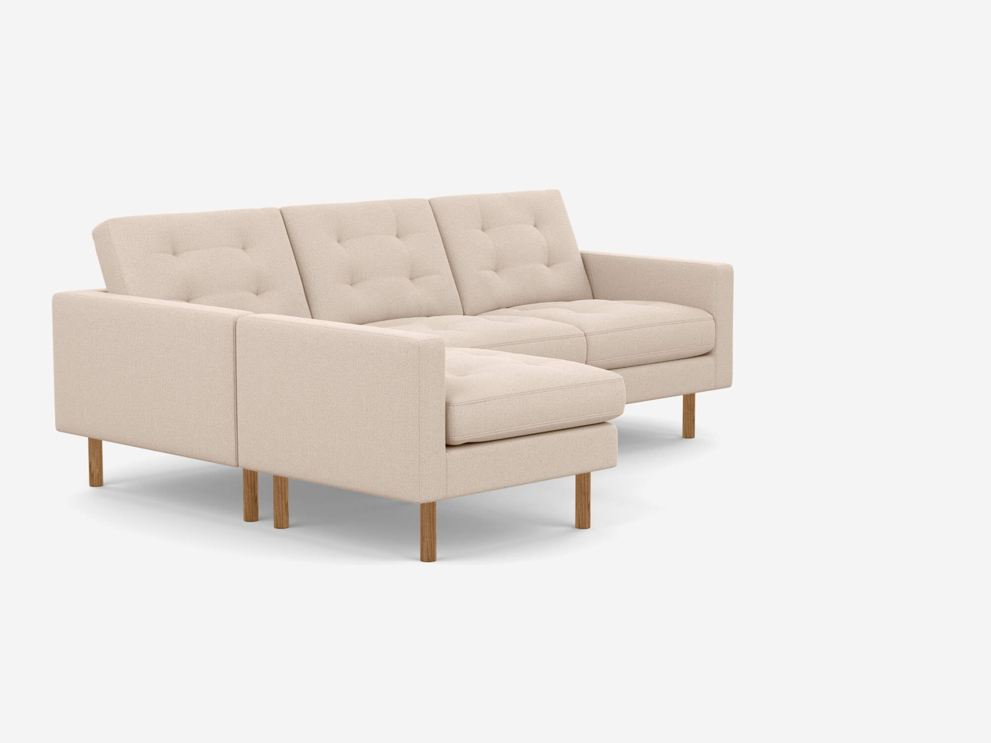Beige mid century sectional sofa front angle view