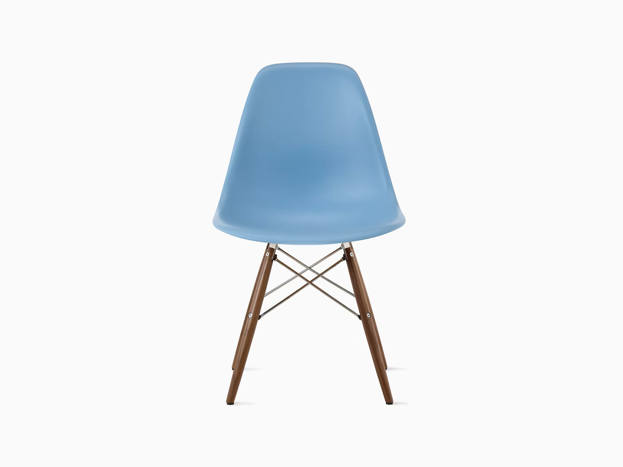 Front view of blue chair with walnut dowels