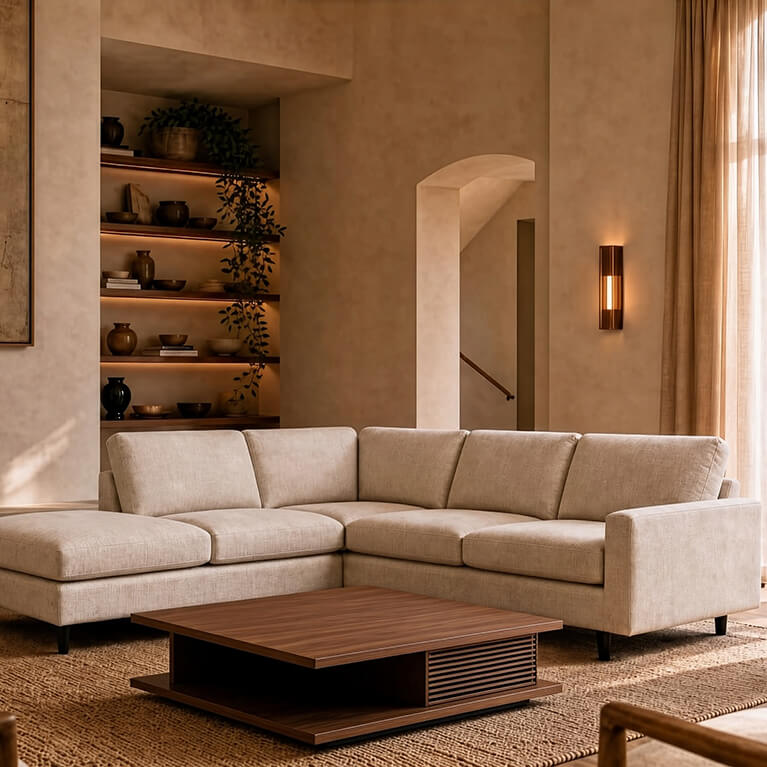 A white sectional sofa and coffee table is displayed in a modern living room. Link to sectional page
